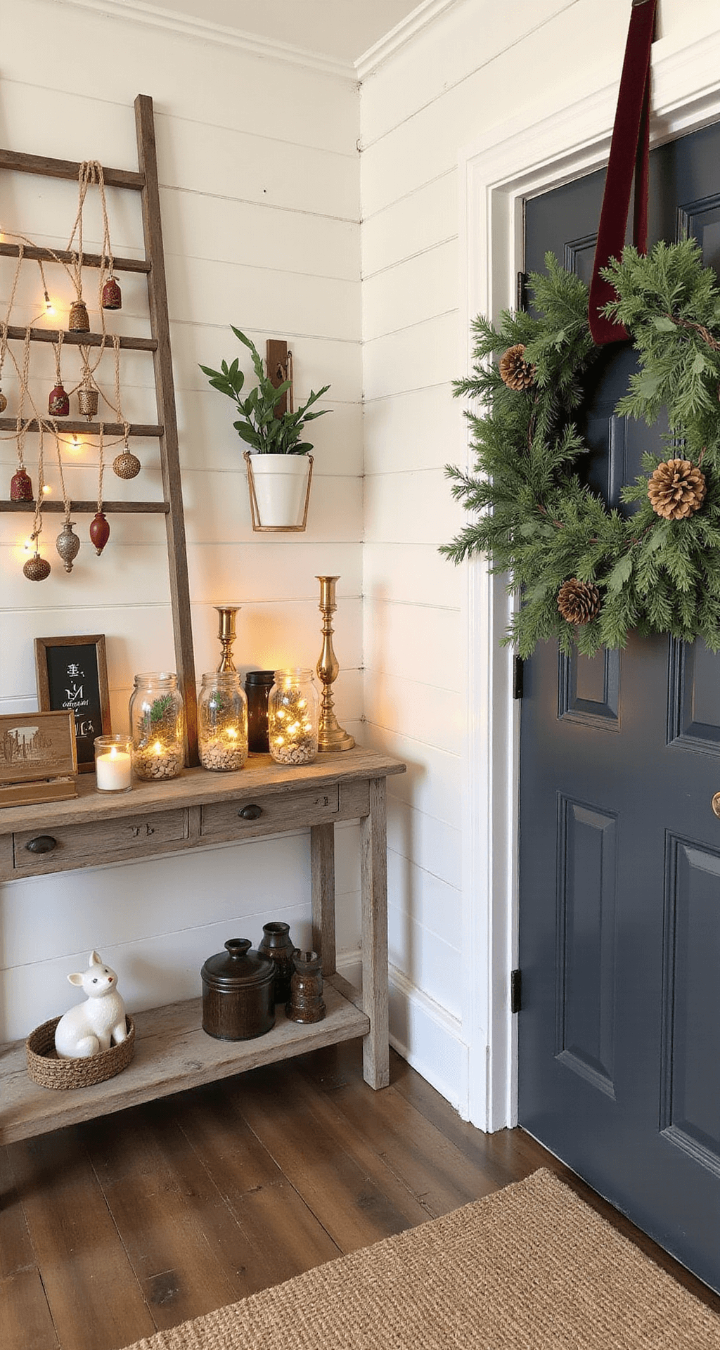 Christmas House Decor 2025: A Blend of Nostalgia and Modern Simplicity Elegant entryway foyer decorated for Christmas with a vintage wooden ladder showcasing handmade ornaments and fairy lights, an upcycled glass jar luminary collection, a natural jute runner, an oversized wreath, woodland ceramic creatures, and warm lighting against white shiplap walls.
