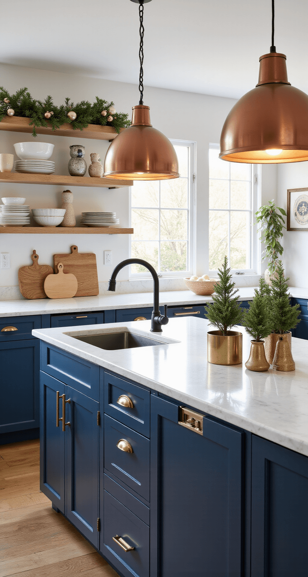 Christmas House Decor 2025: A Blend of Nostalgia and Modern Simplicity Modern kitchen with marble countertops decorated with fresh garland and vintage ornaments, featuring open shelving with ceramic figurines and dishware in cream and sage. Copper pendant lights illuminate the island adorned with wood cutting boards and brass candlesticks. Deep blue lower cabinets contrast with white upper cabinets, enhanced by gold hardware, all bathed in warm golden hour light from large windows.