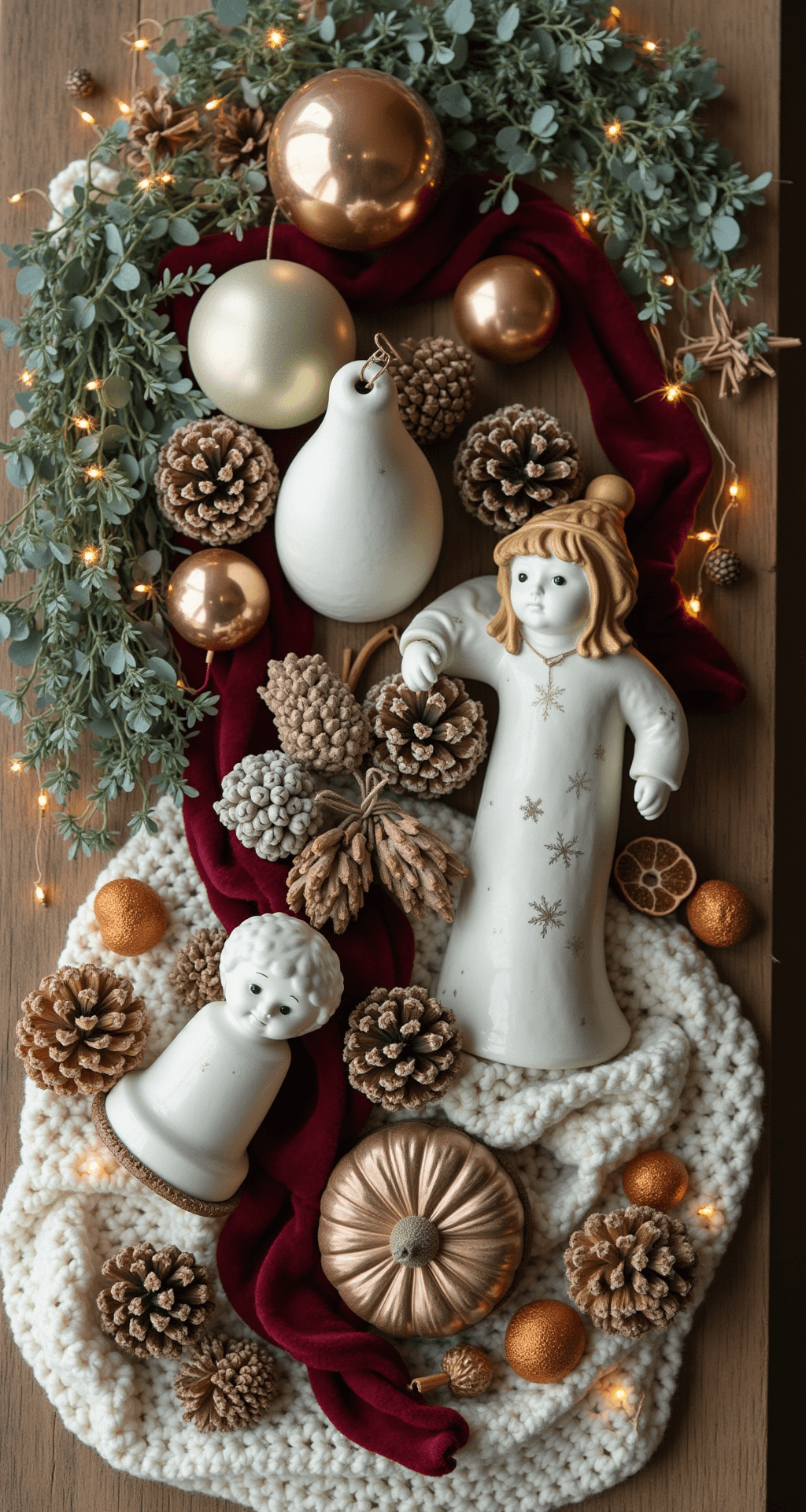 Christmas House Decor 2025: A Blend of Nostalgia and Modern Simplicity Flat lay of Christmas styling essentials on rustic wood, featuring vintage figurines, metallic ornaments, eucalyptus, velvet ribbons, fairy lights, natural elements like pinecones and dried oranges, a chunky cream knit backdrop, and wrapped packages, all styled with deep greens, warm golds, rich burgundy, and crisp whites.