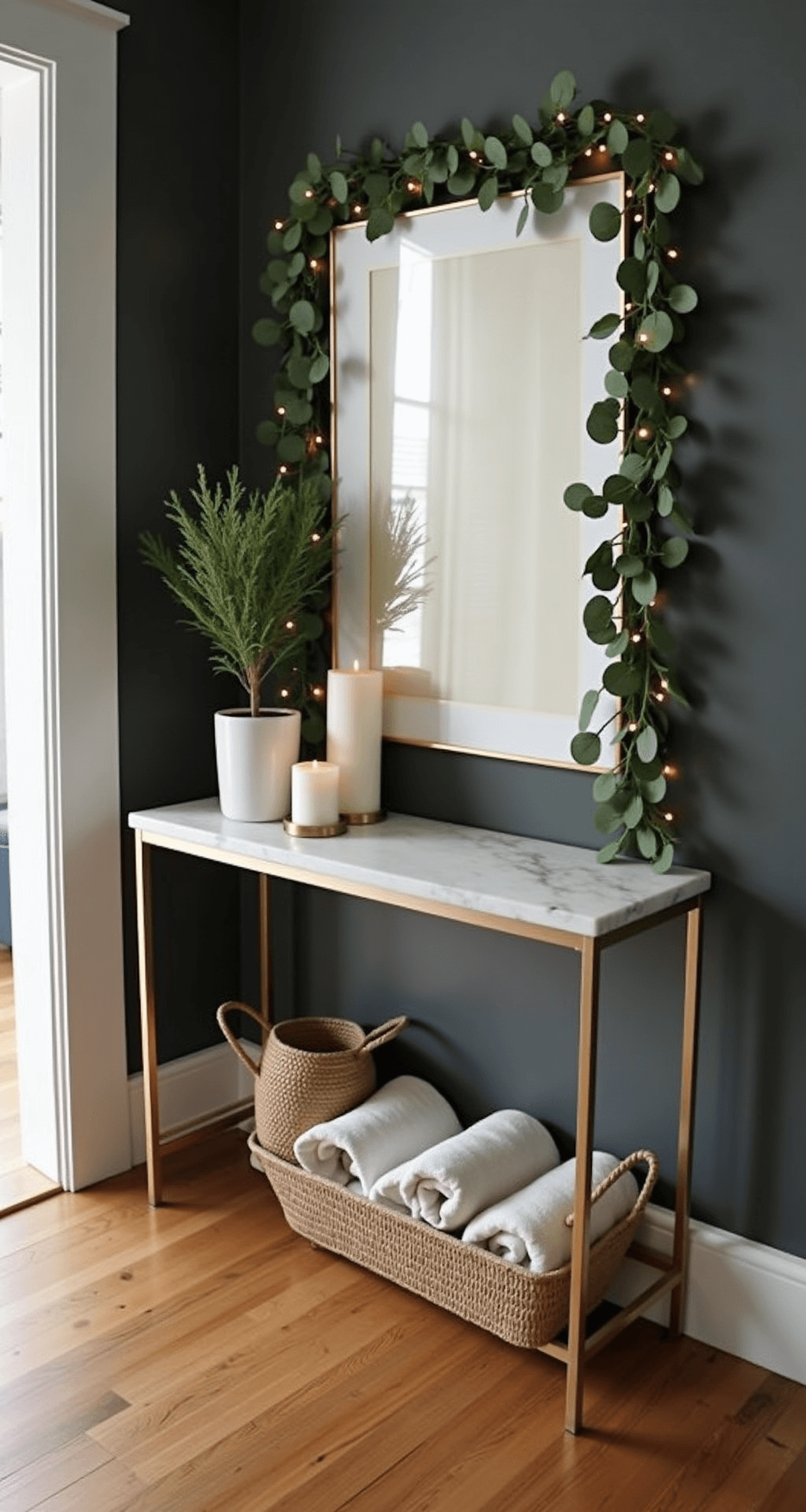 Transforming Your Apartment into a Cozy Christmas Haven: Festive Decor for Small Spaces Intimate apartment entryway console vignette featuring a white marble-topped console table against charcoal gray walls, adorned with layered holiday decor including pillar candles, eucalyptus garland, a Norfolk pine, and vintage brass frames, illuminated by soft natural light and warm fairy lights, with a woven jute basket beneath.