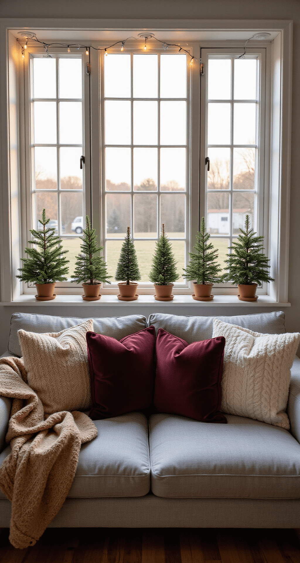 Transforming Your Apartment into a Cozy Christmas Haven: Festive Decor for Small Spaces A cozy living room scene with three tall windows framed in white trim, showcasing a festive Christmas display of miniature trees in terracotta pots, illuminated by natural light and warm string lights. A gray linen sofa adorned with burgundy velvet and cream cable knit throw pillows, draped with an oatmeal wool throw, complements the wide-plank oak floors. The atmosphere is peaceful and inviting, capturing the holiday spirit.