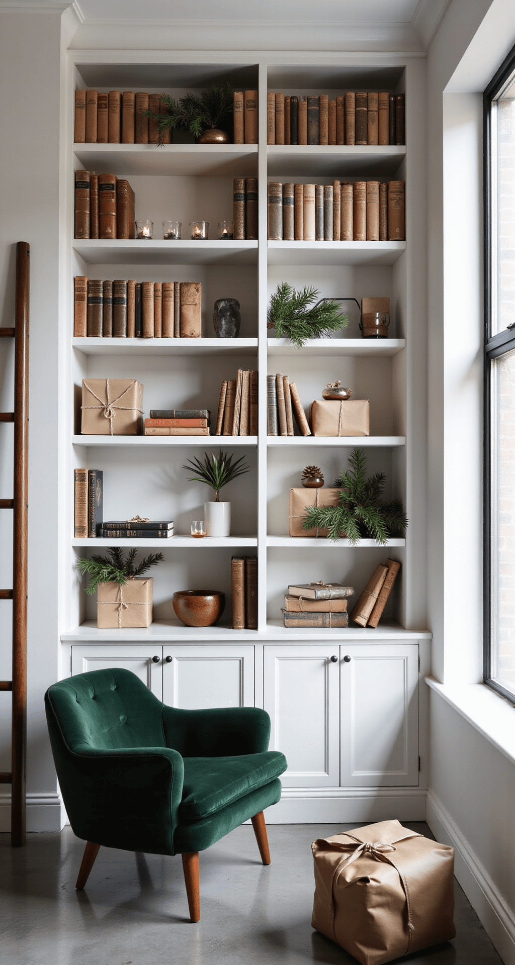 Transforming Your Apartment into a Cozy Christmas Haven: Festive Decor for Small Spaces A modern apartment bookshelf adorned for Christmas, featuring built-in white shelving filled with books, glass ornaments, and LED candles, alongside a ladder-style bookcase with wrapped kraft paper presents and a forest green velvet chair, all illuminated by soft afternoon light on polished concrete floors.