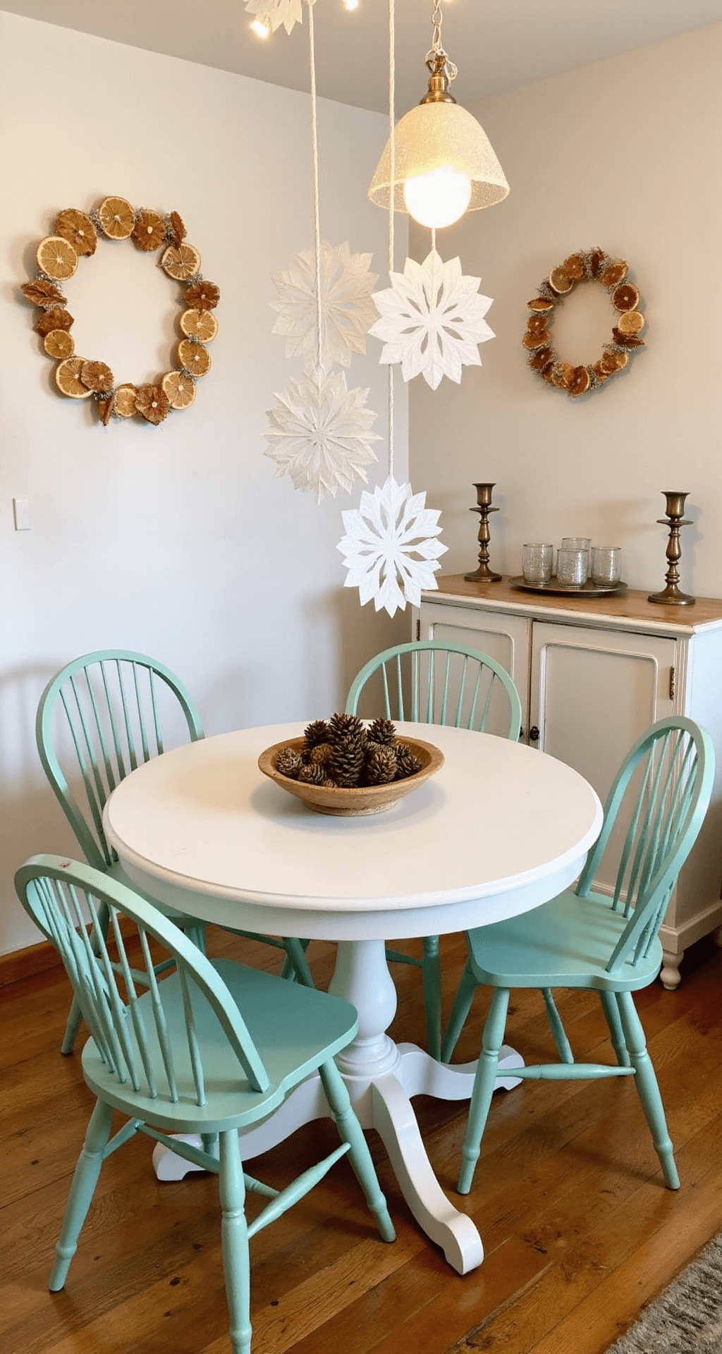 Transforming Your Apartment into a Cozy Christmas Haven: Festive Decor for Small Spaces A cozy small apartment dining area adorned with budget-friendly Christmas decor, featuring a round white oak pedestal table surrounded by mismatched mint green vintage chairs, suspended paper snowflakes, a wooden bowl of pinecones with string lights, DIY garlands of dried orange slices and cinnamon sticks on the walls, and thrifted vintage brass candlesticks and mercury glass votives on a sideboard, all bathed in warm evening light.