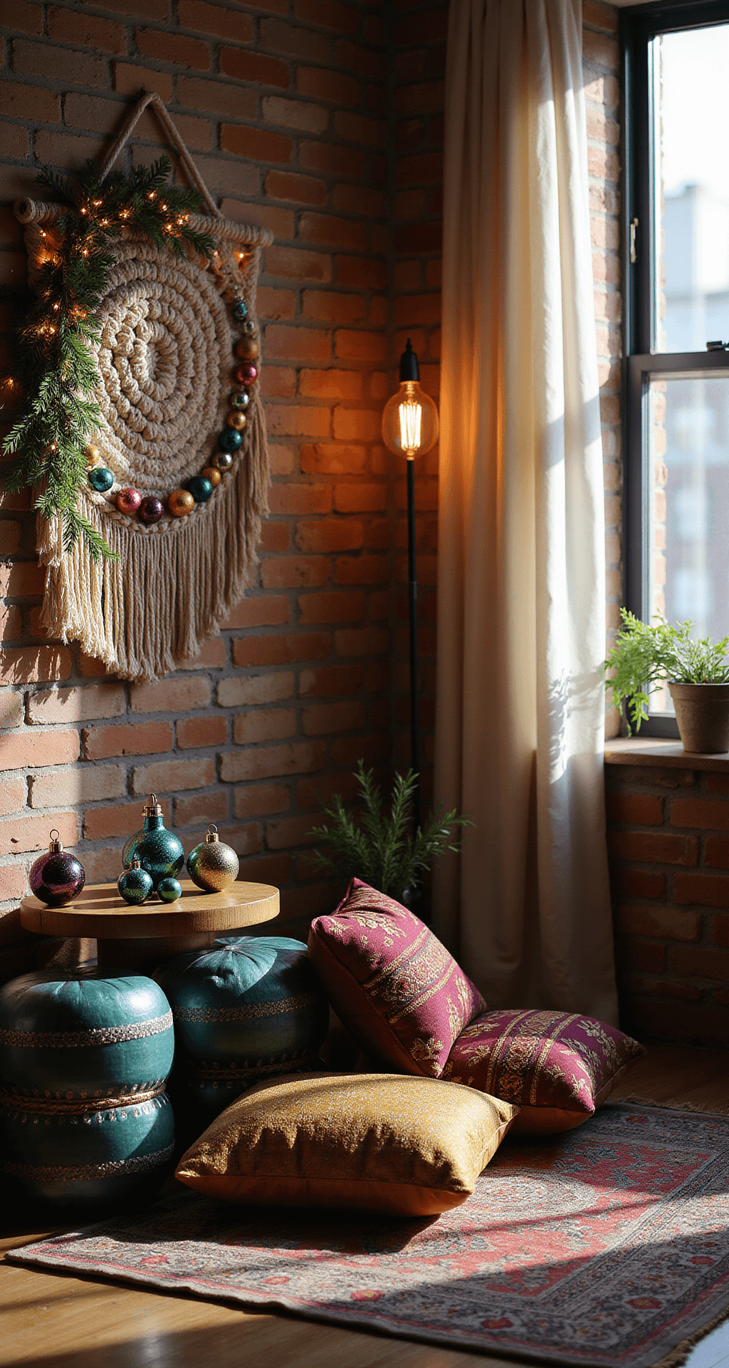 Transforming Your Apartment into a Cozy Christmas Haven: Festive Decor for Small Spaces Bohemian-style apartment corner adorned with jewel-toned Christmas decor, featuring Moroccan cushions, a low wooden table with rich ornaments, a macrame wall hanging with greenery and fairy lights, and a Persian rug, all illuminated by warm ambient lighting and moody shadows.