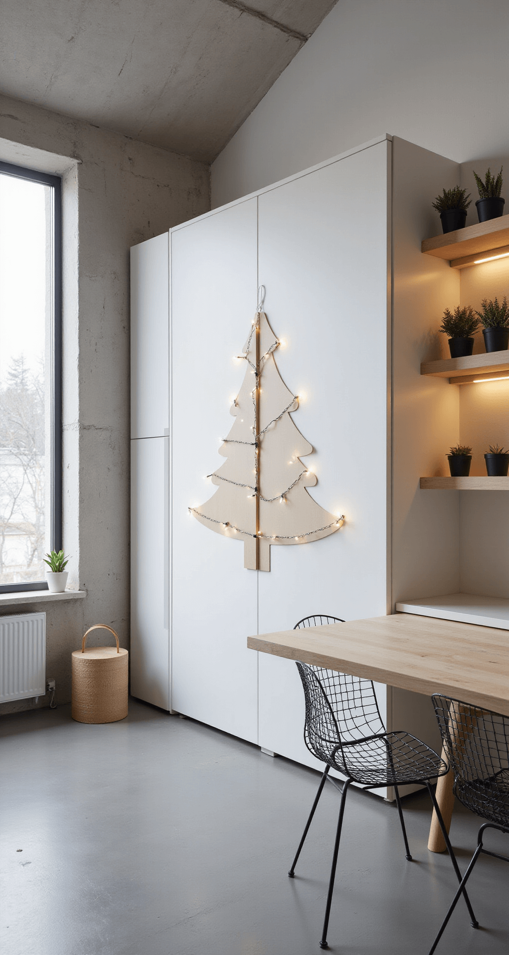 Transforming Your Apartment into a Cozy Christmas Haven: Festive Decor for Small Spaces Minimalist studio apartment decorated for Christmas, featuring a Murphy bed integrated into a white wall, slim string light Christmas tree silhouette on exposed concrete, floating shelves with LED-wrapped succulents, Scandinavian-style light ash wood dining furniture, and polished concrete floors reflecting natural light, all in a bright, airy atmosphere.