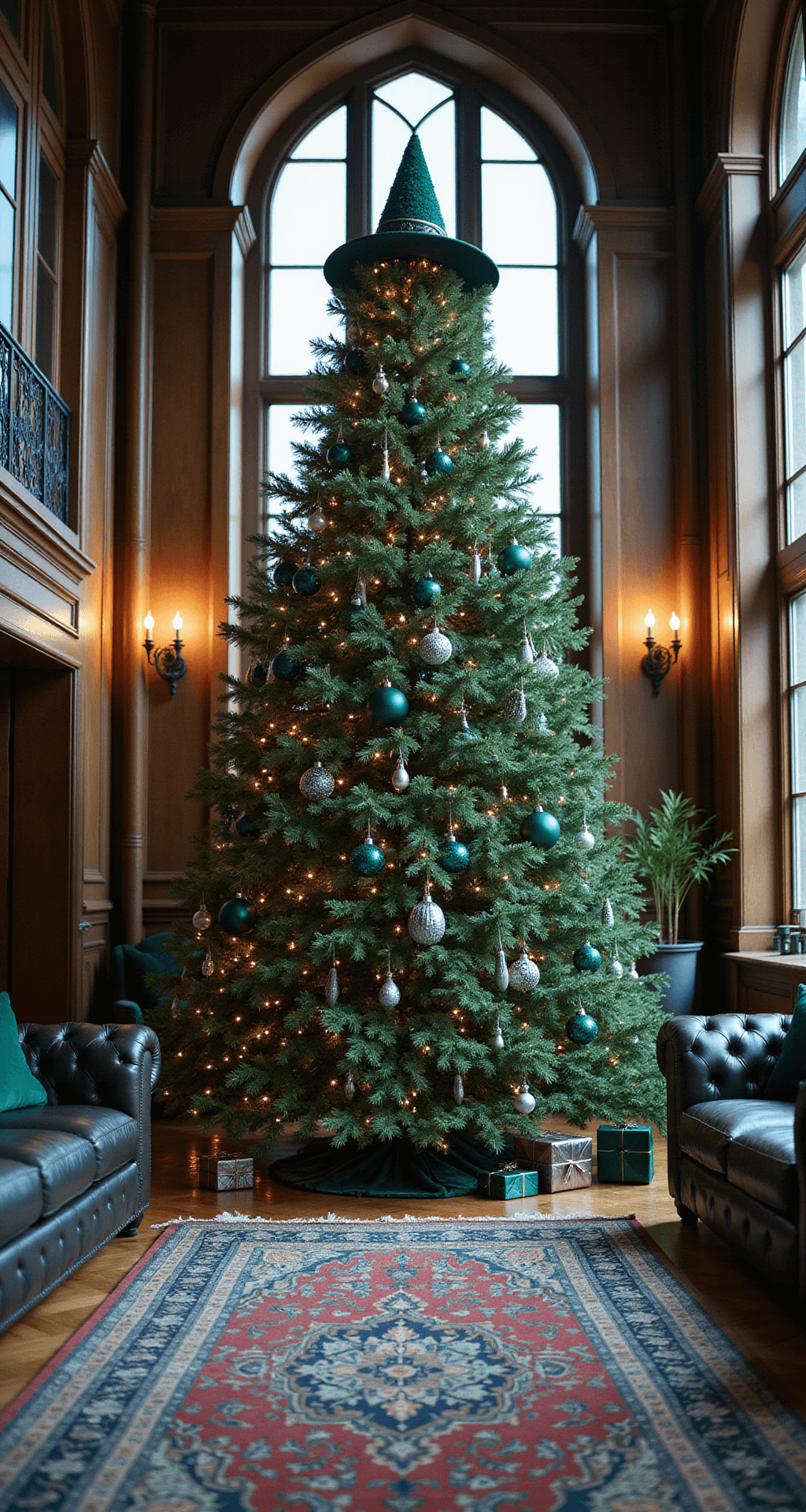 Magical Harry Potter Christmas Tree: Transform Your Holiday Decor into a Wizarding Wonderland A grand great room features a 12-foot Noble fir tree decorated with emerald and silver ornaments, topped with a Sorting Hat. Floor-to-ceiling windows let in cool morning light, illuminating mahogany paneling and jewel-toned Persian rugs. Fairy lights twinkle around glass potion bottle ornaments and metallic snake decorations. Dark leather sofas with emerald velvet cushions surround the tree, which sits on faux snow with silver-wrapped presents beneath it. The elevated wide-angle shot captures the room’s enchanting atmosphere.
