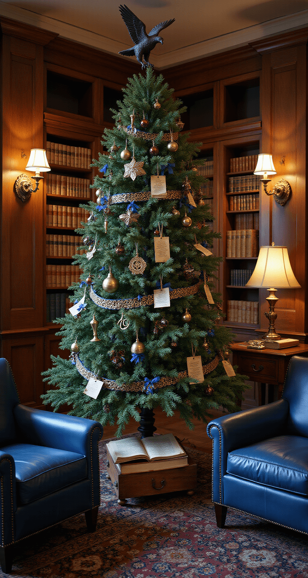 Magical Harry Potter Christmas Tree: Transform Your Holiday Decor into a Wizarding Wonderland A cozy study library featuring a medium tree decorated in Ravenclaw colors, topped with a bronze eagle. The space is illuminated by warm vintage brass lamps, highlighting walnut bookshelves and navy leather chairs. Bronze ribbon garlands and telescope ornaments adorn the tree, while aged leather-bound books line the walls. A Persian rug anchors the room, accented by bronze candlesticks and quill sets on mahogany tables, evoking an elegant scholarly ambiance.