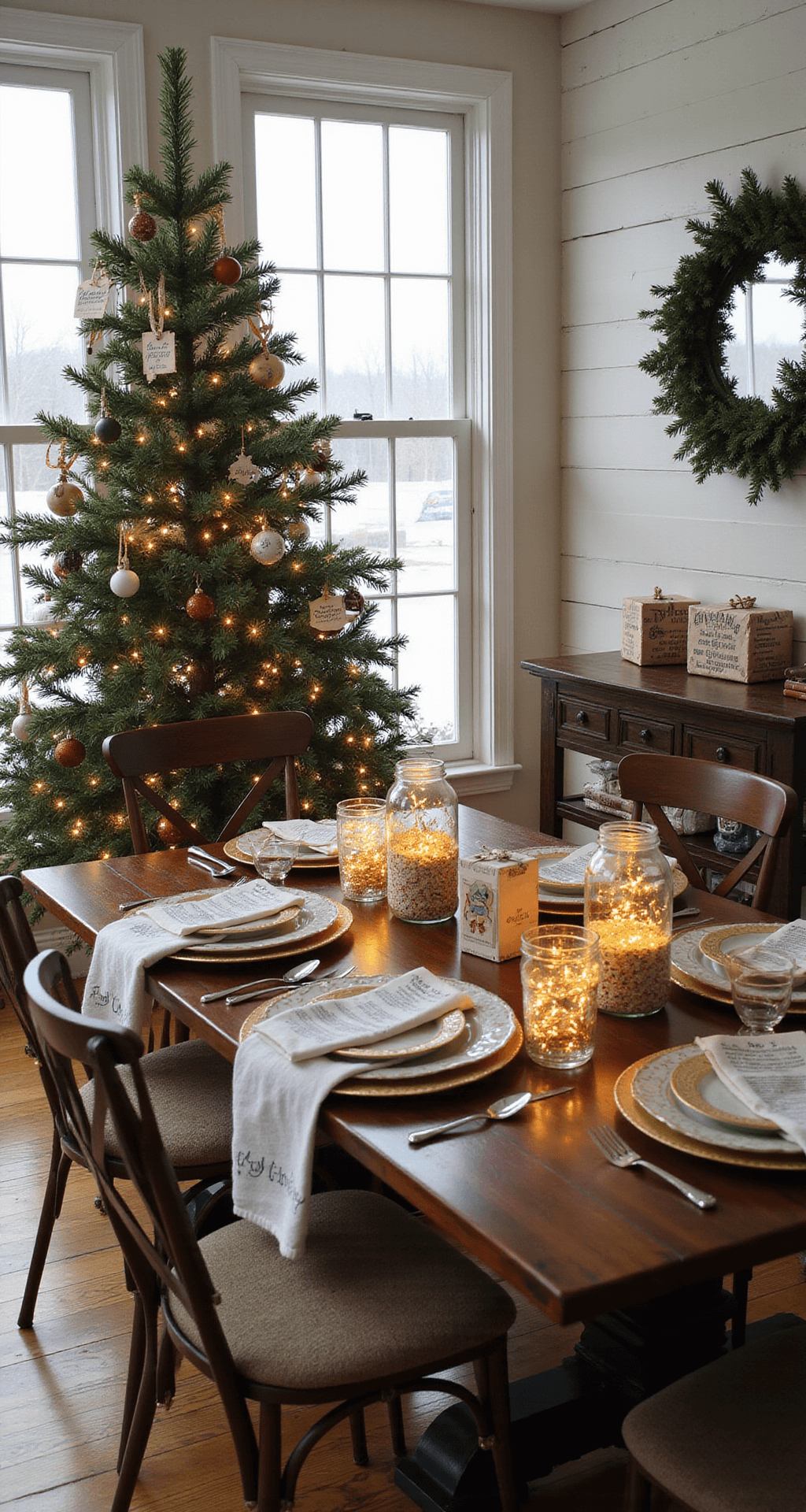 Magical Harry Potter Christmas Tree: Transform Your Holiday Decor into a Wizarding Wonderland A festive dining room with a 6-foot Douglas fir adorned with DIY Harry Potter ornaments, including handmade Hogwarts acceptance letters and painted house crests, under bright midday light. A rustic farmhouse table set for a holiday dinner features themed place settings, while warm white string lights twinkle among craft-store ornaments. Mason jar centerpieces filled with battery-operated fairy lights add sparkle, and the weathered wood floors and shiplap walls provide a charming backdrop. Wrapped gifts in newspaper printed with spell recipes surround the tree base.