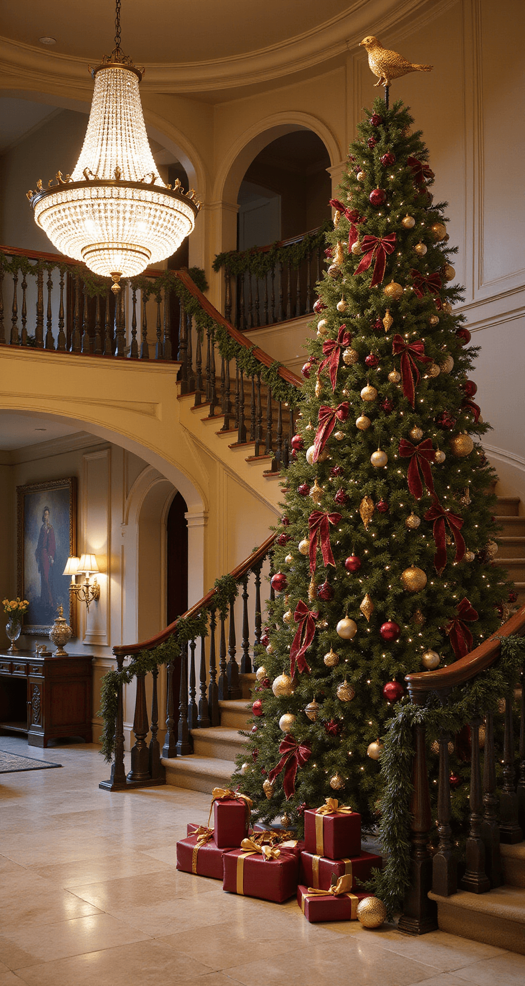 Magical Harry Potter Christmas Tree: Transform Your Holiday Decor into a Wizarding Wonderland An elegant foyer featuring a grand 10-foot Harry Potter-themed Christmas tree with a golden Snitch topper, dramatic chandelier lighting, marble floors, and a curved staircase adorned with garland, all showcasing luxurious decor and gifts in rich jewel tones.