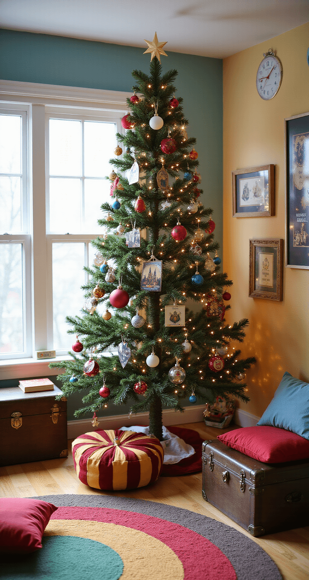Magical Harry Potter Christmas Tree: Transform Your Holiday Decor into a Wizarding Wonderland A whimsical children's playroom with a 5-foot tree decorated with storytelling ornaments from Yule Ball and Invisibility Cloak moments, surrounded by cozy reading nooks, oversized cushions, Hogwarts trunk toy chests, and colorful house-themed rugs, all depicted from a low-angle child's perspective with bright natural and accent lighting.