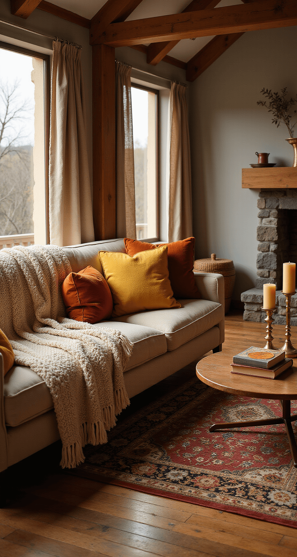 Cozy Fall Home Decor: Transform Your Space with Warmth and Comfort Photorealistic cozy living room interior with luxurious textures, featuring a plush sectional sofa with knit blankets, velvet throw pillows, a vintage Persian rug, a styled coffee table, exposed wooden beams, and warm sunlight streaming through large windows during golden hour.