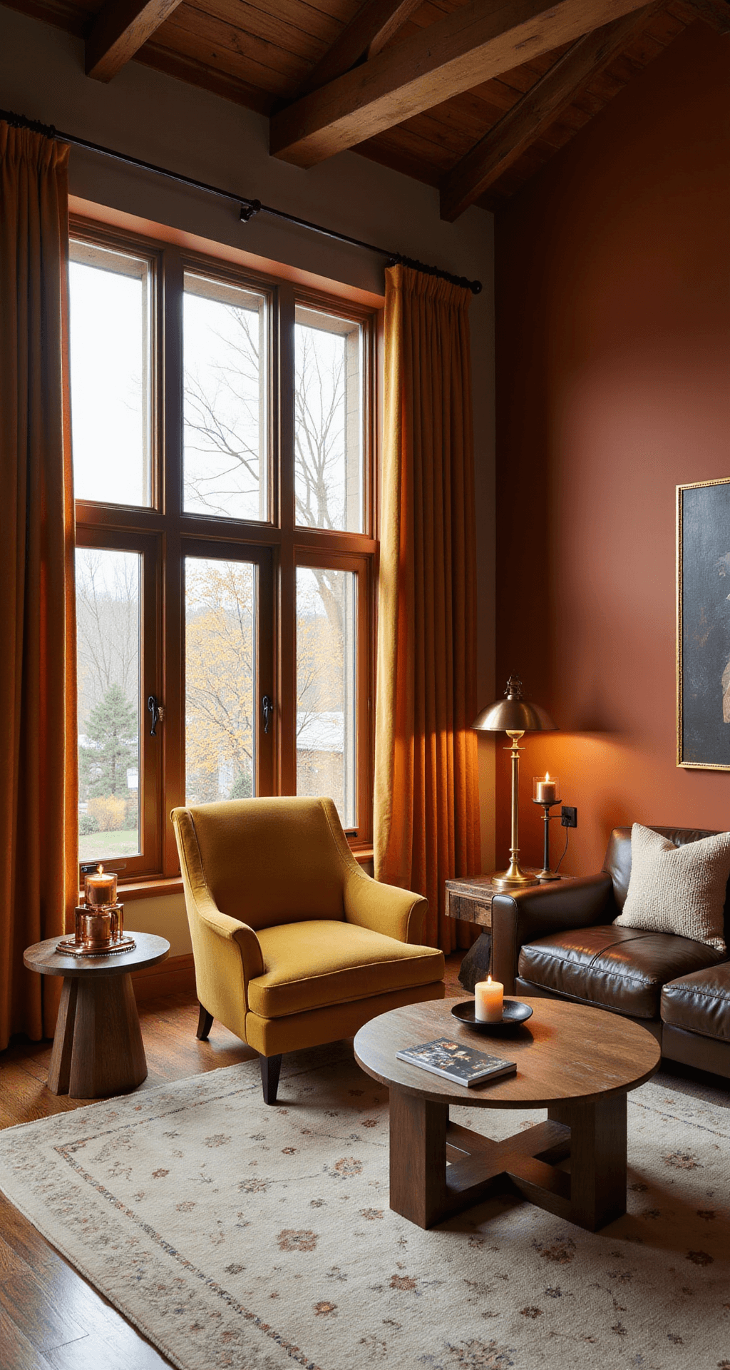 Cozy Fall Home Decor: Transform Your Space with Warmth and Comfort Elegant living room with sophisticated autumn color palette, featuring a burnt orange accent wall, rich brown leather furniture, and a mustard yellow velvet armchair near tall windows, framed by deep ochre curtains. The room includes a chocolate brown sectional, brass floor lamps, cluster candles on reclaimed wood side tables, and a geometric cream area rug, all under vaulted ceilings with exposed beams, creating a warm, moody atmosphere.