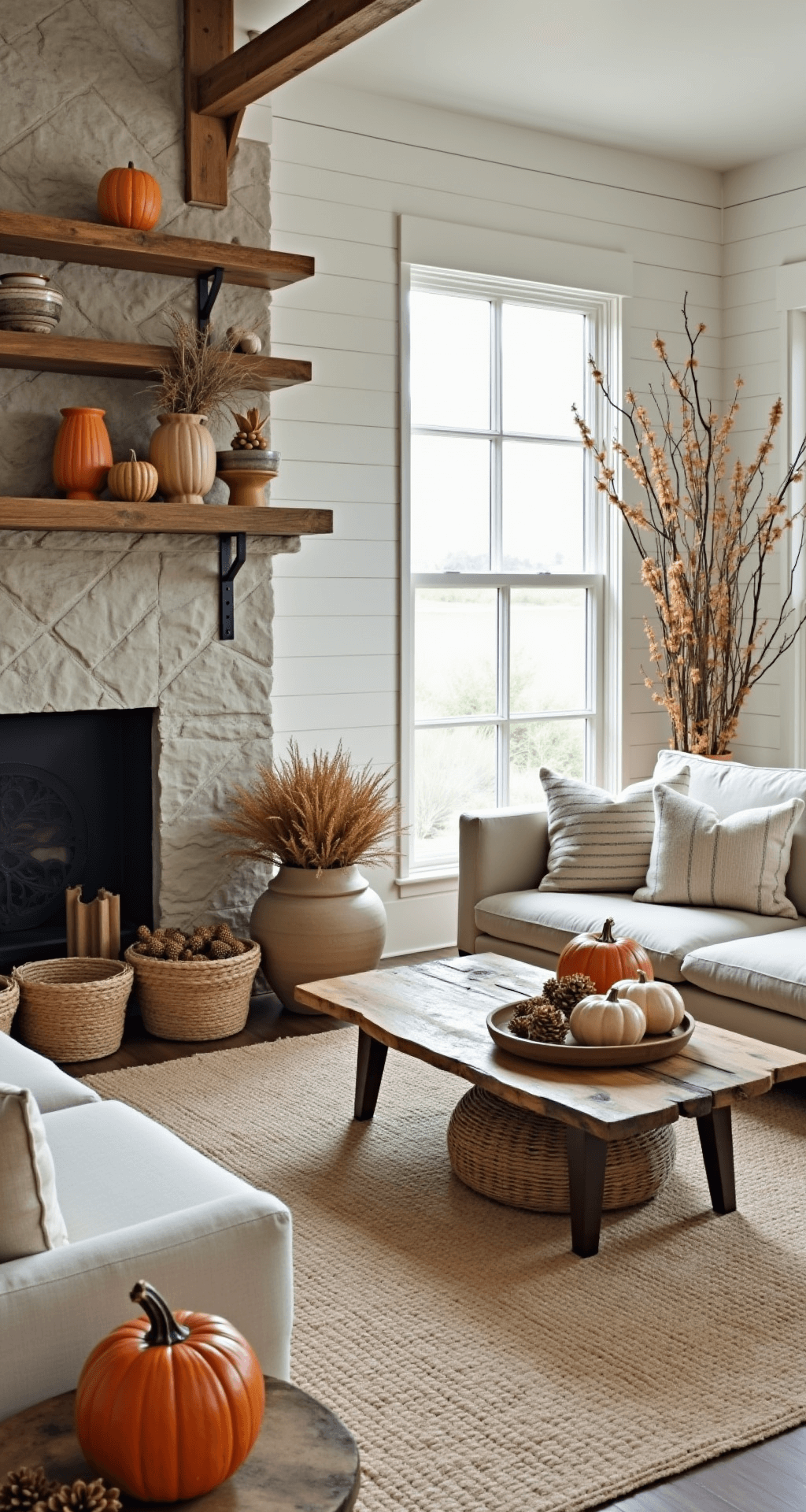 Cozy Fall Home Decor: Transform Your Space with Warmth and Comfort Bright and airy living space with natural fall decor, featuring decorative pumpkins, pinecones, dried pampas grass in vases, a reclaimed wood accent wall, woven baskets, and a stone fireplace, all showcased in soft overcast midday light.