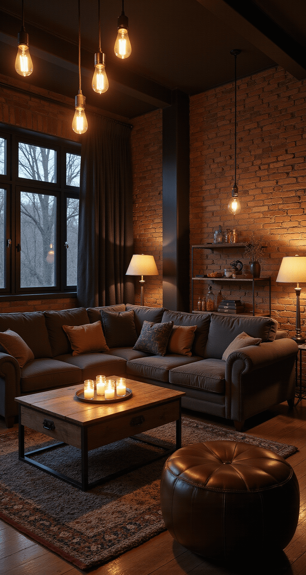 Cozy Fall Home Decor: Transform Your Space with Warmth and Comfort Atmospheric evening living room with ambient lighting from Edison bulbs and amber lamps, featuring rustic decor, exposed brick walls, and rich textiles, creating a warm, moody sanctuary.