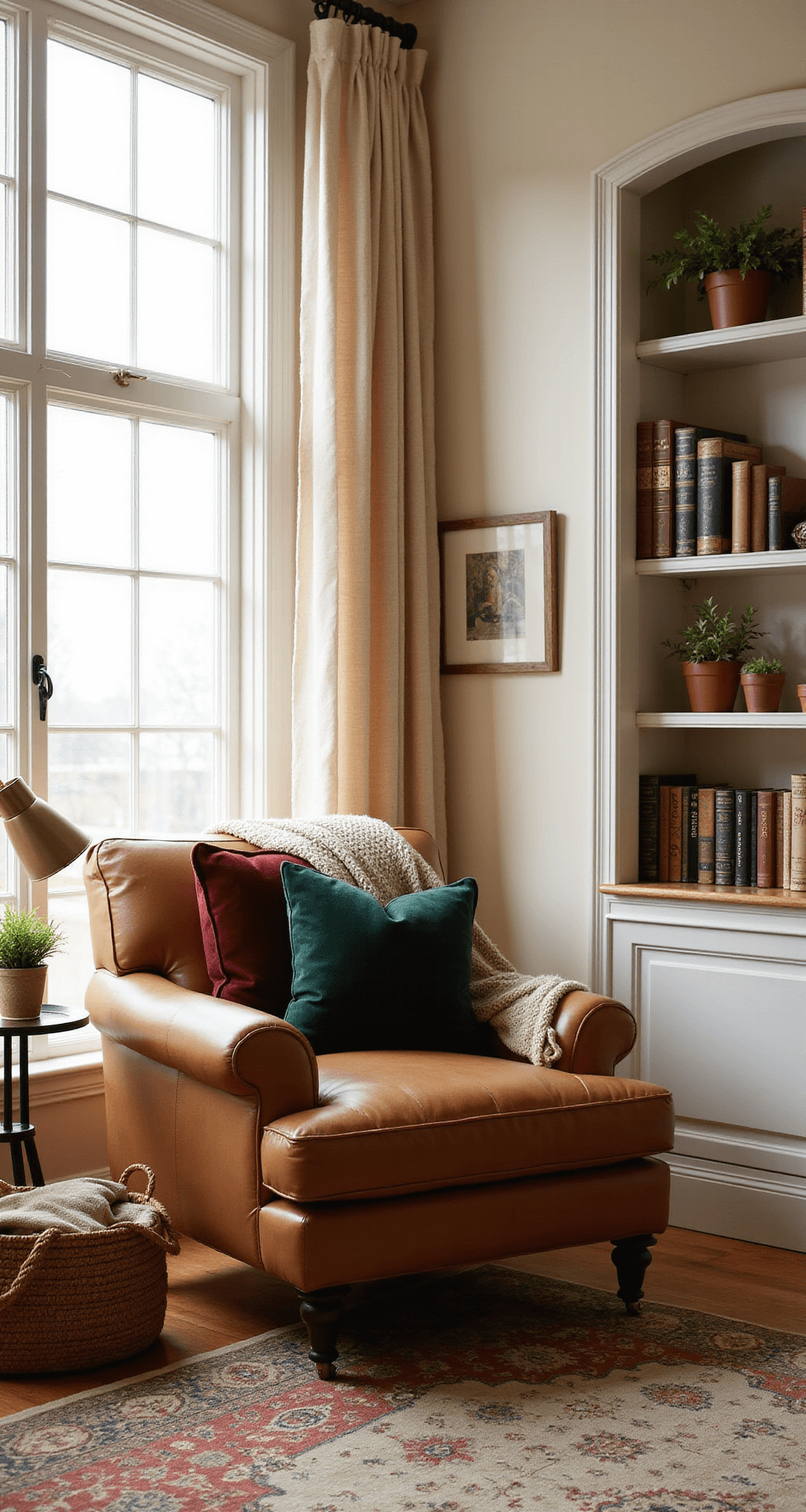 Cozy Fall Home Decor: Transform Your Space with Warmth and Comfort Cozy living room reading nook with an oversized camel leather armchair, chunky knit throw, and velvet pillows, bathed in soft natural light from a tall window, featuring built-in bookshelves, a side table with a brass lamp, and potted plants, all set against cream walls and honey-toned hardwood floors.