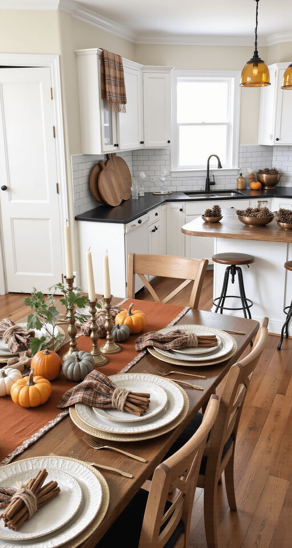 Cozy Fall Home Decor: Transform Your Space with Warmth and Comfort Elegant dining area and kitchen styled for fall, featuring a burnt sienna table runner, cinnamon stick centerpiece, pumpkins, and brass candlesticks, with warm plaid dish towels, wooden cutting boards, and copper bowls on the kitchen island, and classic white cabinets and butcher block countertops.