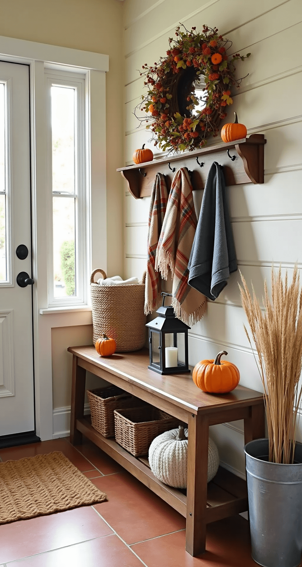 Cozy Fall Home Decor: Transform Your Space with Warmth and Comfort Welcoming autumn-themed entryway with natural light, featuring a full wreath on the front door, rustic console table with cozy throws and ceramic pumpkins, plaid scarves on coat hooks, a distressed mirror, shiplap walls, terra cotta tile flooring, and a vintage bench, all accented by dried wheat in a galvanized bucket.