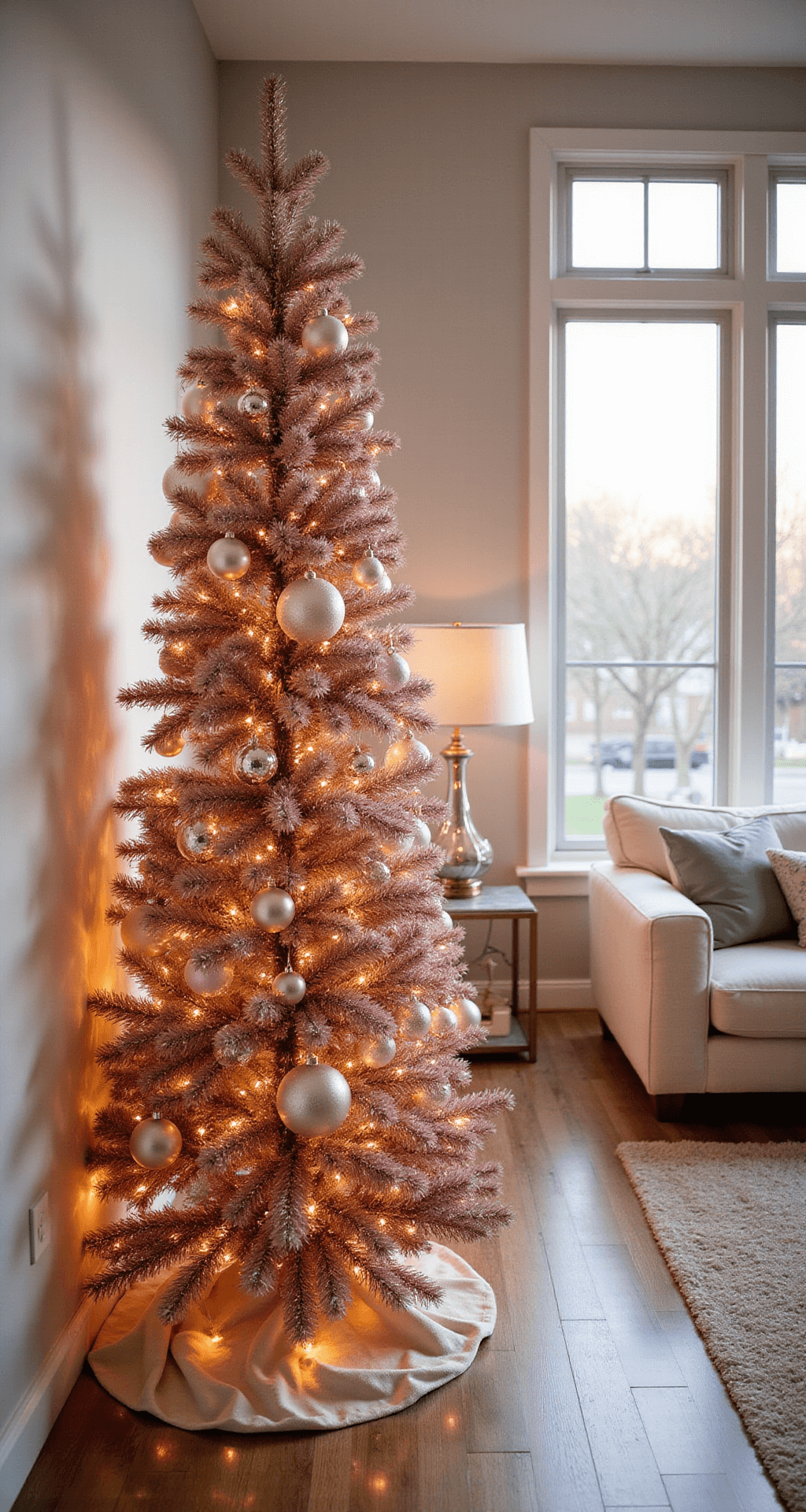 Rose Gold Christmas Tree: The Ultimate Guide to Glamorous Holiday Decor Wide-angle shot of a 7.5ft pre-lit rose gold Christmas tree adorned with layered metallic and blush ornaments, positioned in a modern living room with cream sectional sofa, hardwood floors, and warm golden-hour light streaming through large windows.