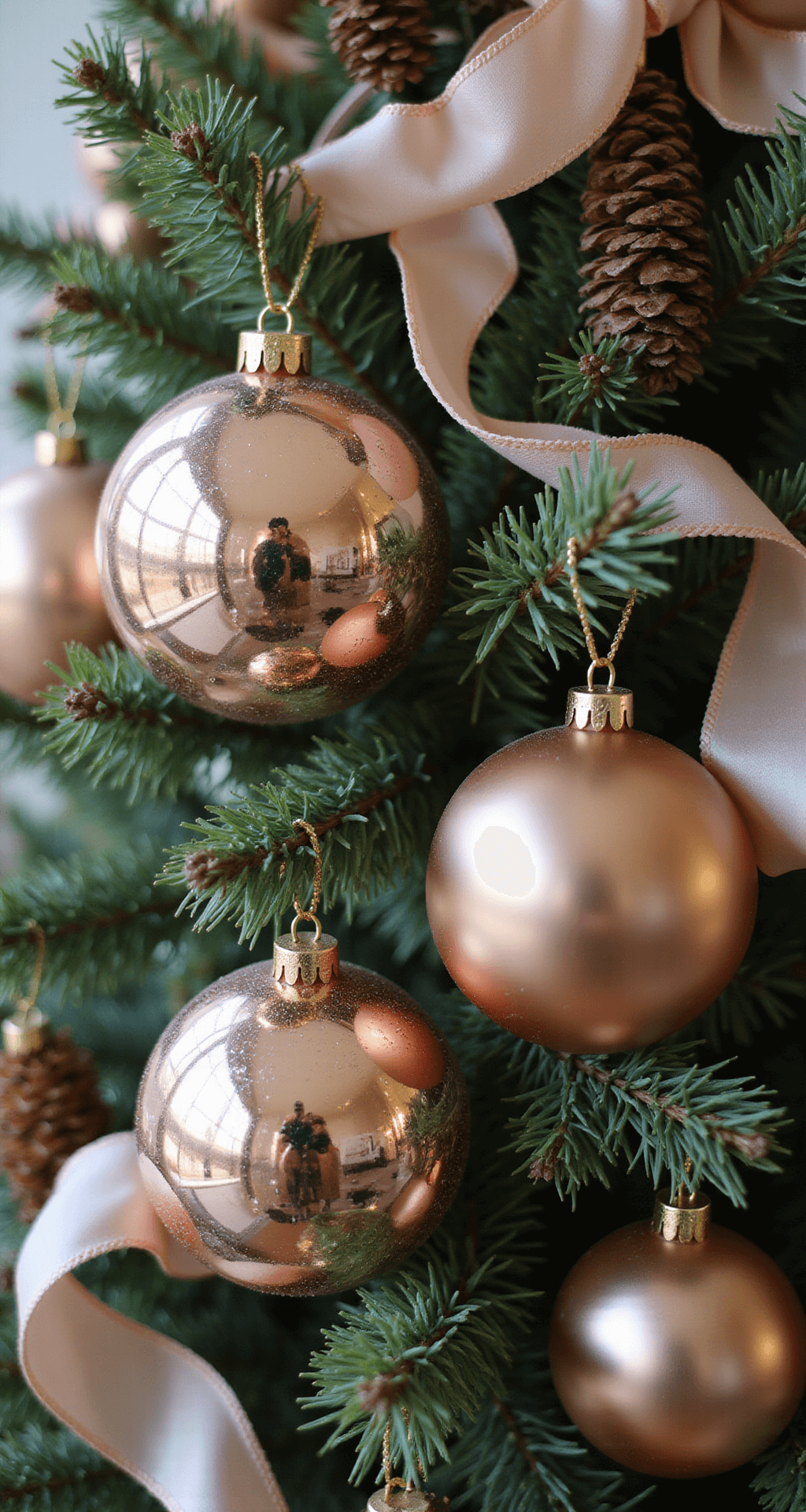 Rose Gold Christmas Tree: The Ultimate Guide to Glamorous Holiday Decor Close-up detail of a rose gold Christmas tree ornament featuring metallic baubles, pinecones, eucalyptus, and blush ribbon, with warm lighting enhancing its shimmer, set against a softly blurred background of tree branches.