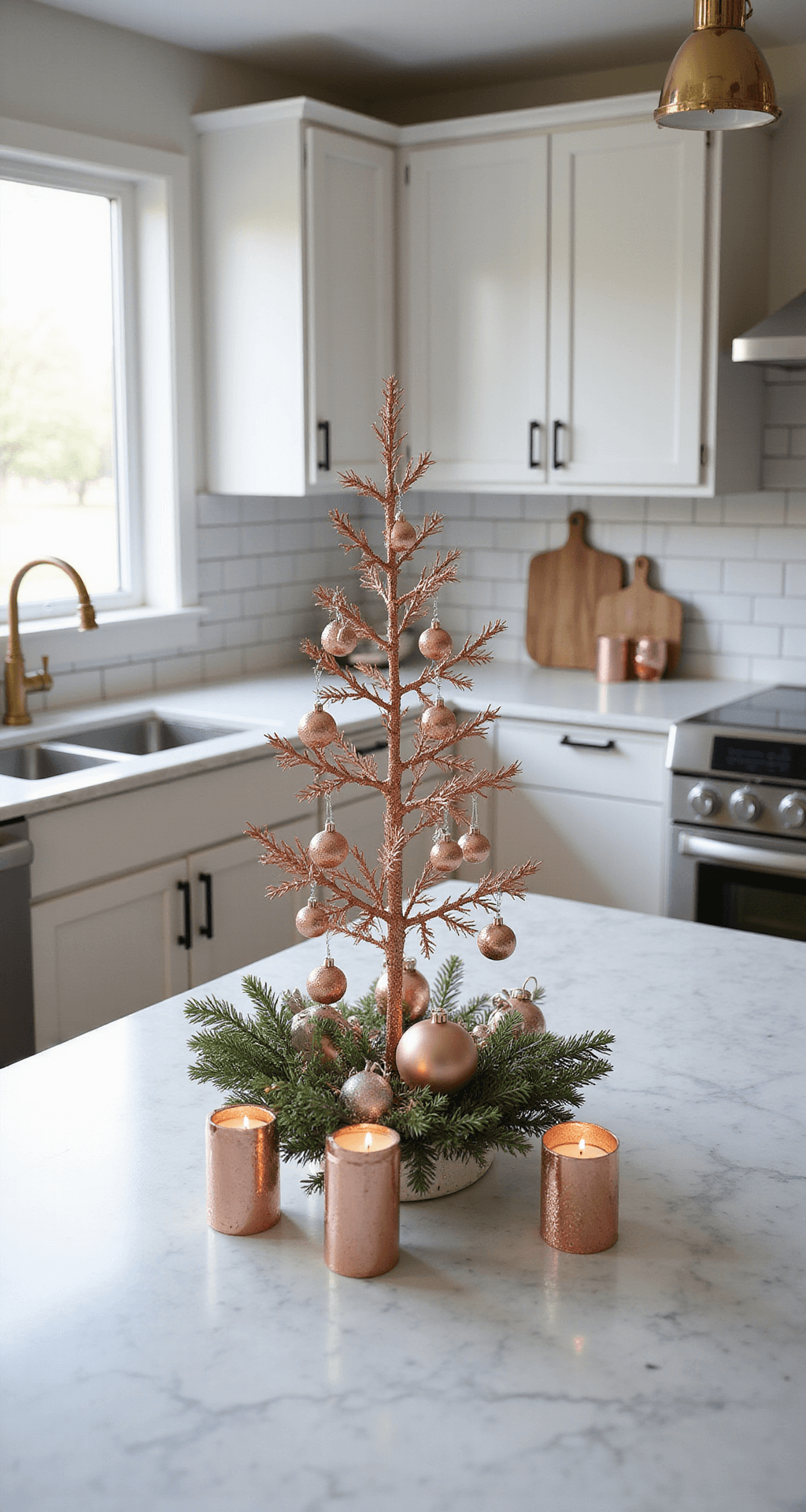 Rose Gold Christmas Tree: The Ultimate Guide to Glamorous Holiday Decor A rose gold Christmas tree adorned with delicate ornaments and surrounded by matching candles and greenery, set on a white marble kitchen island in a modern kitchen featuring brass fixtures and subway tiles, with natural light casting gentle shadows.