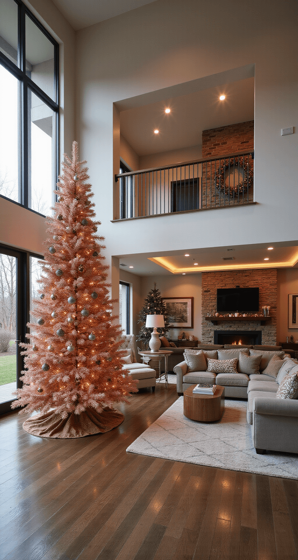Rose Gold Christmas Tree: The Ultimate Guide to Glamorous Holiday Decor A luxurious living room with a 10ft rose gold Christmas tree, contemporary furnishings in neutral tones, and high ceilings, featuring large windows and an open-concept design. The decorated tree is positioned near a staircase, with warm evening ambiance created by layered lighting from the tree, fireplace, and overhead fixtures.