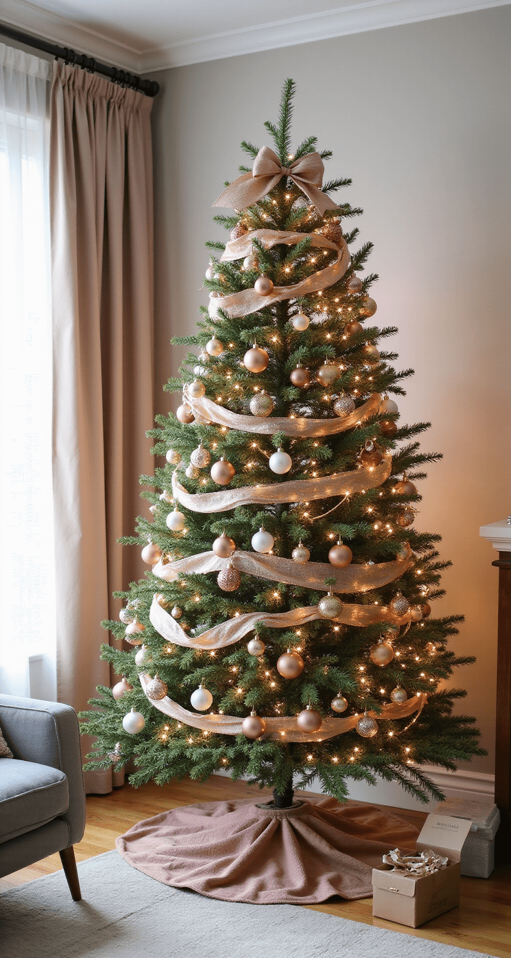 Rose Gold Christmas Tree: The Ultimate Guide to Glamorous Holiday Decor A cozy apartment living space featuring a 6ft rose gold Christmas tree decorated with a mix of high-end and affordable ornaments, DIY ribbon accents, and soft morning light streaming through sheer curtains. The scene includes a compact sofa and an accent chair, showcasing smart furniture placement that maximizes the small space with a warm and inviting atmosphere.