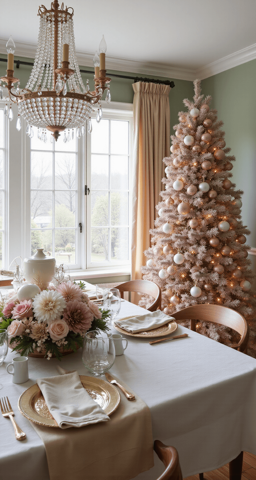 Rose Gold Christmas Tree: The Ultimate Guide to Glamorous Holiday Decor Elegant dining room featuring a rose gold Christmas tree adorned with blush pink and white ornaments, set against sage green walls. A formal dining table is complemented by metallic accents and a seasonal centerpiece, while a crystal chandelier illuminates the space with soft afternoon light, highlighting the room's sophisticated color coordination.