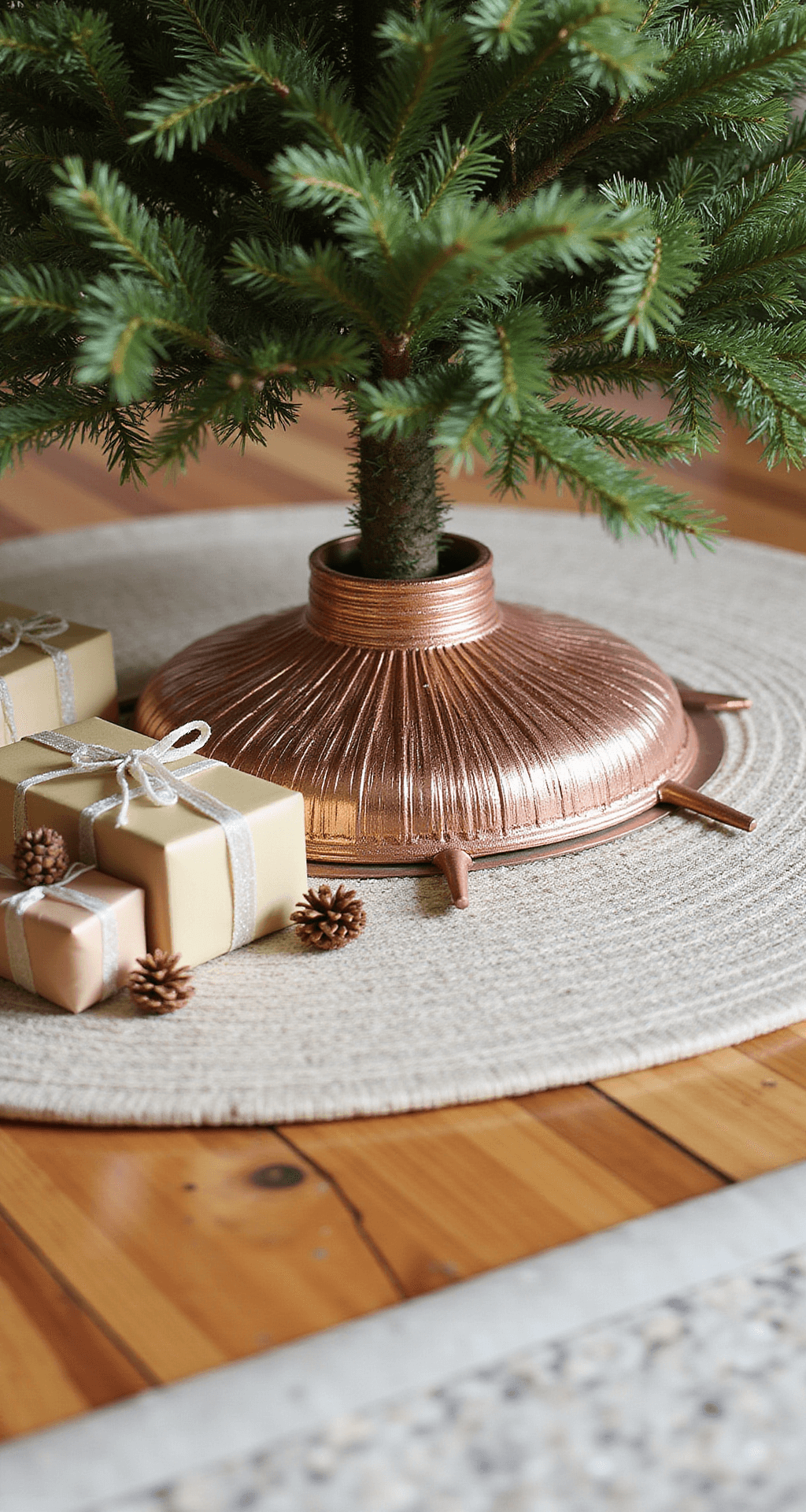 Rose Gold Christmas Tree: The Ultimate Guide to Glamorous Holiday Decor A low-angle view showcasing a rose gold Christmas tree base adorned with a decorative woven basket collar, surrounded by wrapped presents in coordinating colors and scattered pinecones, on hardwood floors with an area rug visible; natural lighting highlights the textures and metallic finishes of the scene.