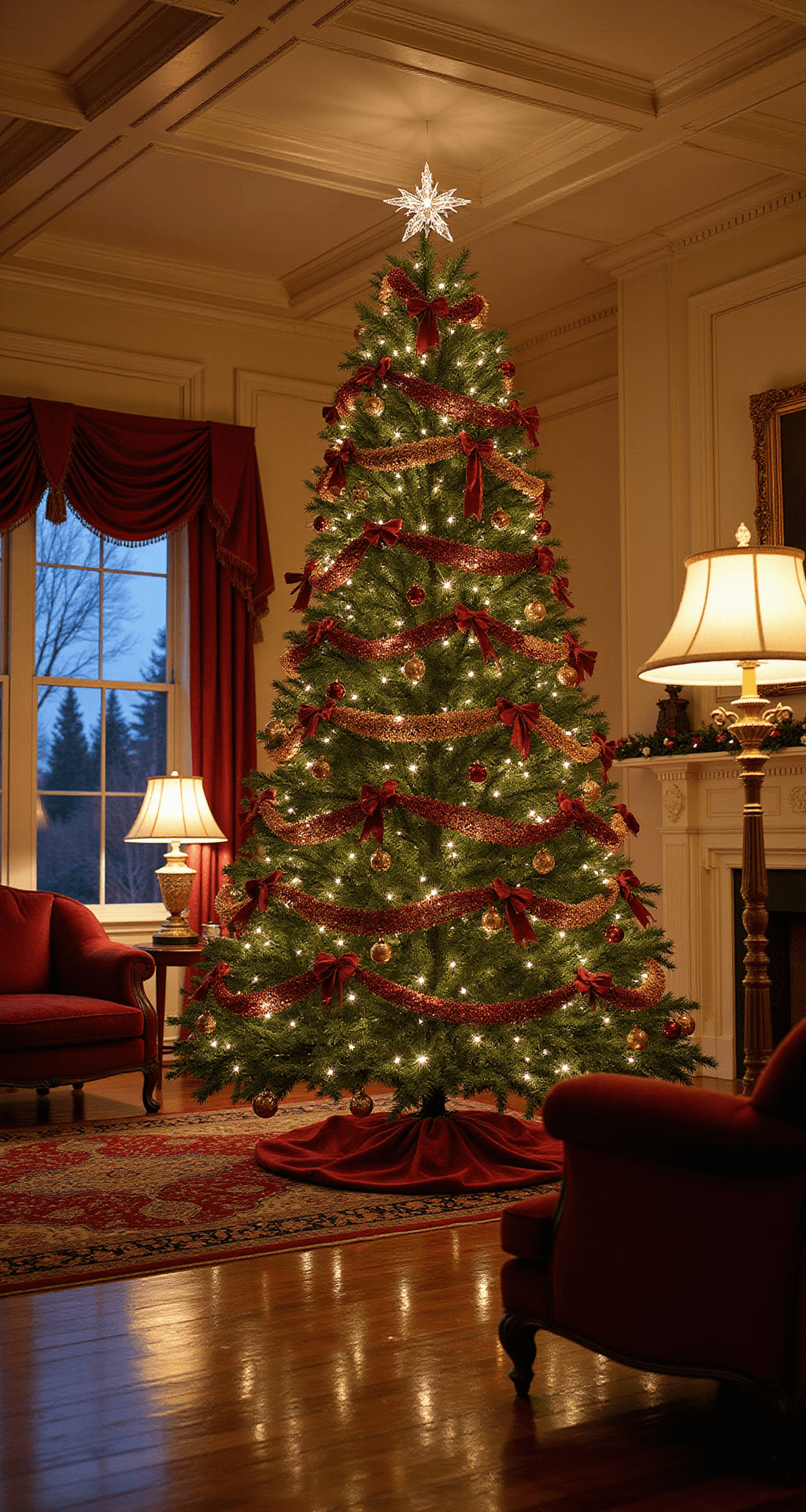 How to Create the Perfect Classic Christmas Tree: A Festive Decorating Guide Elegant living room with a majestic 8-foot Christmas tree adorned with red, gold, and silver ornaments, warm lamplight, and fireplace glow. Surrounded by ornate Victorian-style furniture in burgundy velvet, rich hardwood floors, and a vibrant Persian rug, creating a cozy, festive atmosphere.