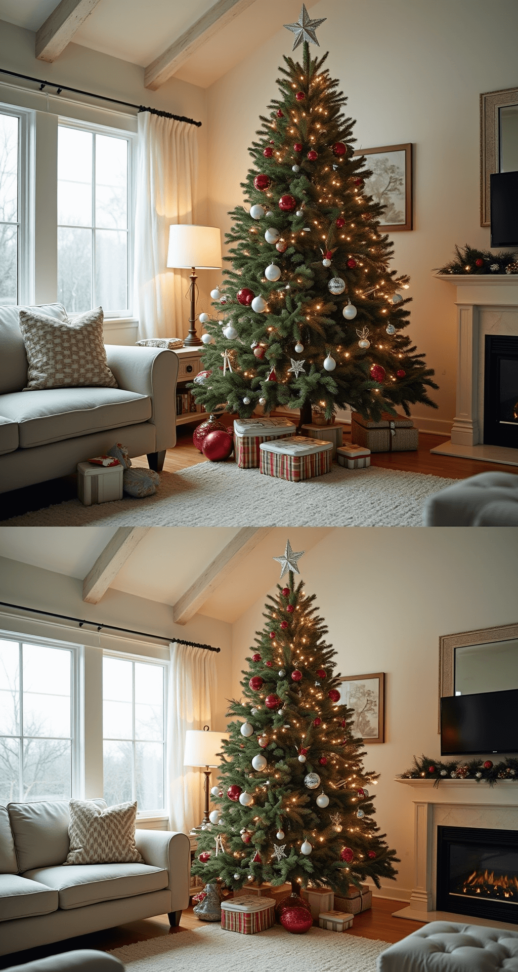 How to Create the Perfect Classic Christmas Tree: A Festive Decorating Guide A split scene of a cozy family living space featuring a chaotic Christmas tree with overcrowded ornaments and a neatly arranged tree, showcasing decorating mistakes and solutions. Bright midday light filters through large picture windows, highlighting contemporary neutral-toned furniture and an open-concept layout with vaulted ceilings. Scattered ornament boxes and tangled lights are visible on surfaces, presenting a documentary-style comparison of before-and-after decorating techniques.