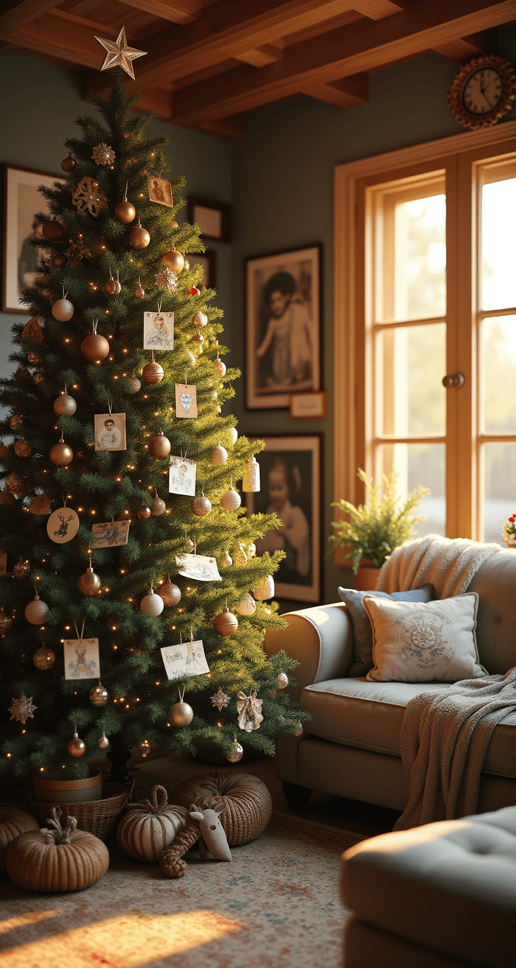 How to Create the Perfect Classic Christmas Tree: A Festive Decorating Guide A cozy family room with a personalized Christmas tree adorned with handmade ornaments, vintage photos, and classic decorations, bathed in golden afternoon sunlight, featuring a comfortable sectional sofa, gallery wall, and warm lighting that evokes nostalgic holiday memories.