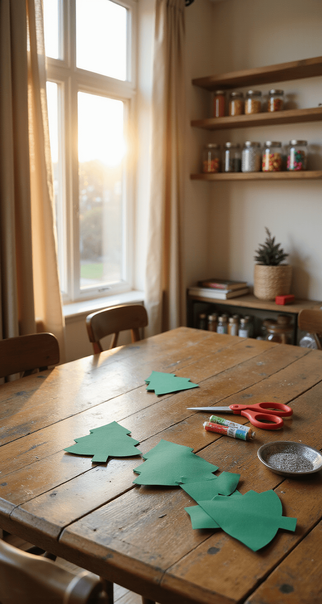Christmas Tree Template: Your Ultimate Holiday Crafting Guide Cozy family craft room filled with warm afternoon sunlight, showcasing a rustic oak table with scattered Christmas tree templates, child-safe scissors, silver glitter, and colorful pom-poms. The scene features cream walls and floating shelves of organized supplies, evoking a peaceful holiday preparation atmosphere.