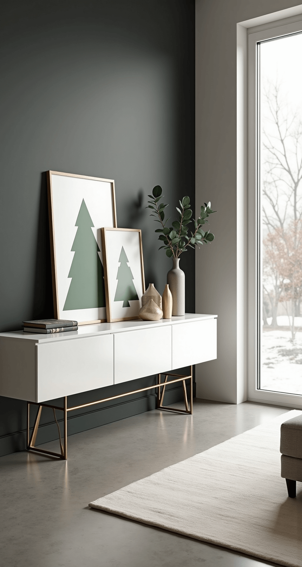 Christmas Tree Template: Your Ultimate Holiday Crafting Guide Modern minimalist living room corner featuring floor-to-ceiling windows, a sleek white lacquer console table with sage green triangular Christmas tree templates, geometric brass picture frames, a potted eucalyptus branch, and marble desk accessories. The space has charcoal gray walls, polished concrete floors, and a cream area rug, all illuminated by crisp winter morning light.