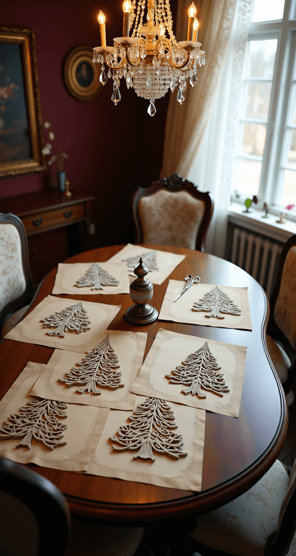 Christmas Tree Template: Your Ultimate Holiday Crafting Guide A vintage-inspired dining room bathed in afternoon light, featuring a distressed mahogany table adorned with intricate Christmas tree templates, antique brass scissors, sepia-toned craft paper, and vintage glass ink wells filled with gold leaf. Burgundy damask wallpaper and a crystal chandelier add a warm, romantic ambiance. The overhead view showcases an elaborate crafting spread in a nostalgic holiday setting.