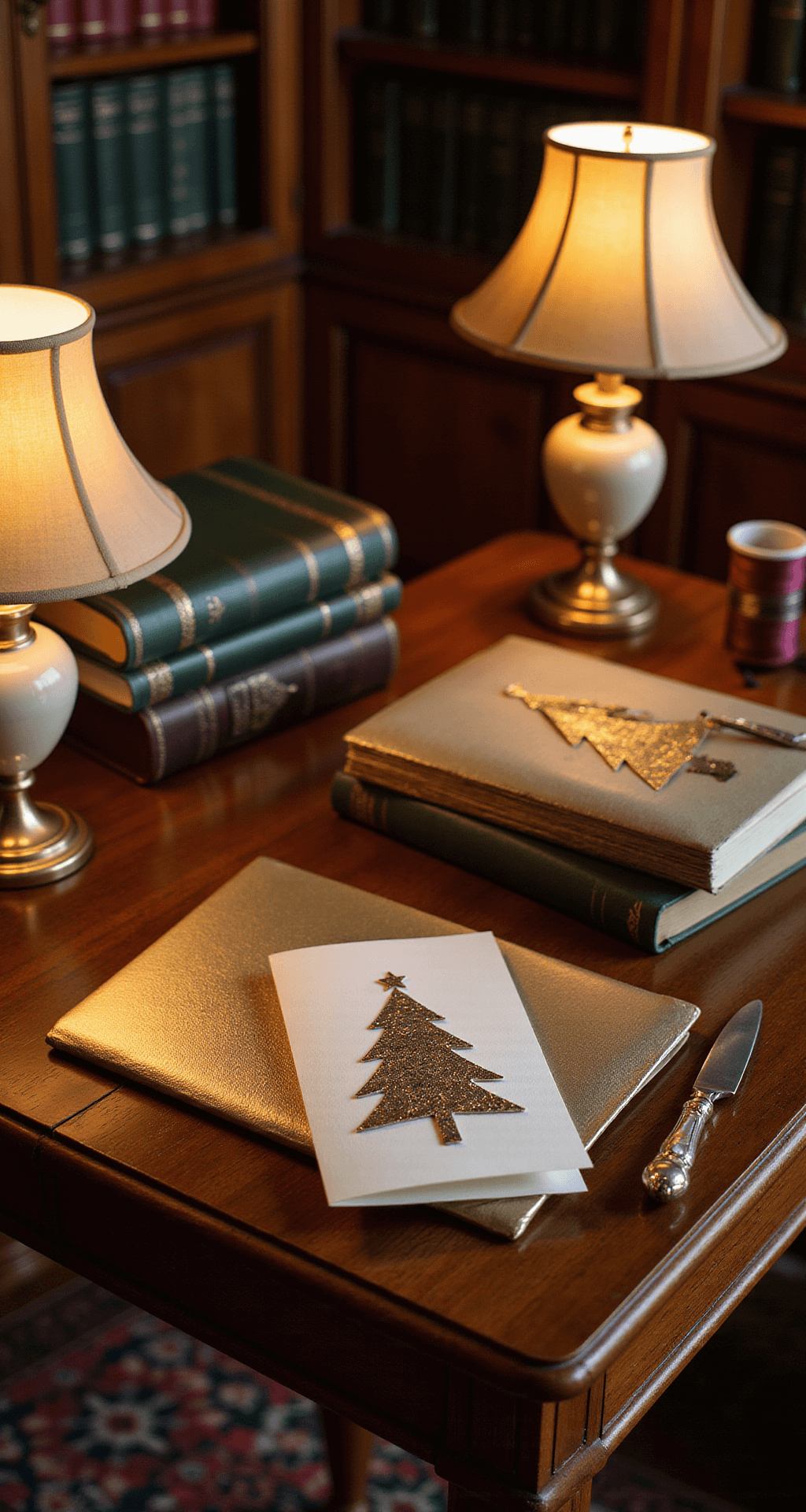 Christmas Tree Template: Your Ultimate Holiday Crafting Guide A cozy home office library with a rich walnut desk, warm table lamps, and Christmas tree templates transformed into greeting card embellishments. The scene includes metallic gold cardstock, a pearl-handled craft knife, and silk ribbon spools in deep burgundy and forest green, all set against built-in bookshelves filled with leather-bound volumes and a vibrant Persian rug. The medium close-up captures delicate handwork in a soft, intimate lighting, evoking a luxurious holiday crafting atmosphere.