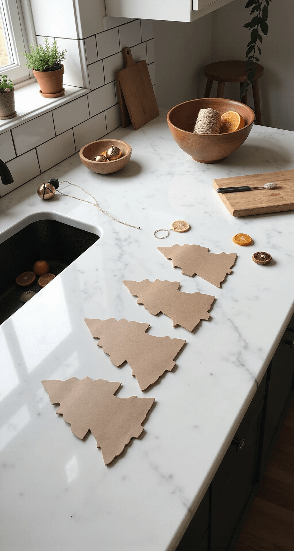 Christmas Tree Template: Your Ultimate Holiday Crafting Guide A Scandinavian-style kitchen island with a white marble countertop, featuring Christmas tree templates cut from kraft paper, wooden bowls with twine and dried orange slices, and potted herbs, all bathed in late afternoon natural light under a white subway tile backsplash with matte black hardware.
