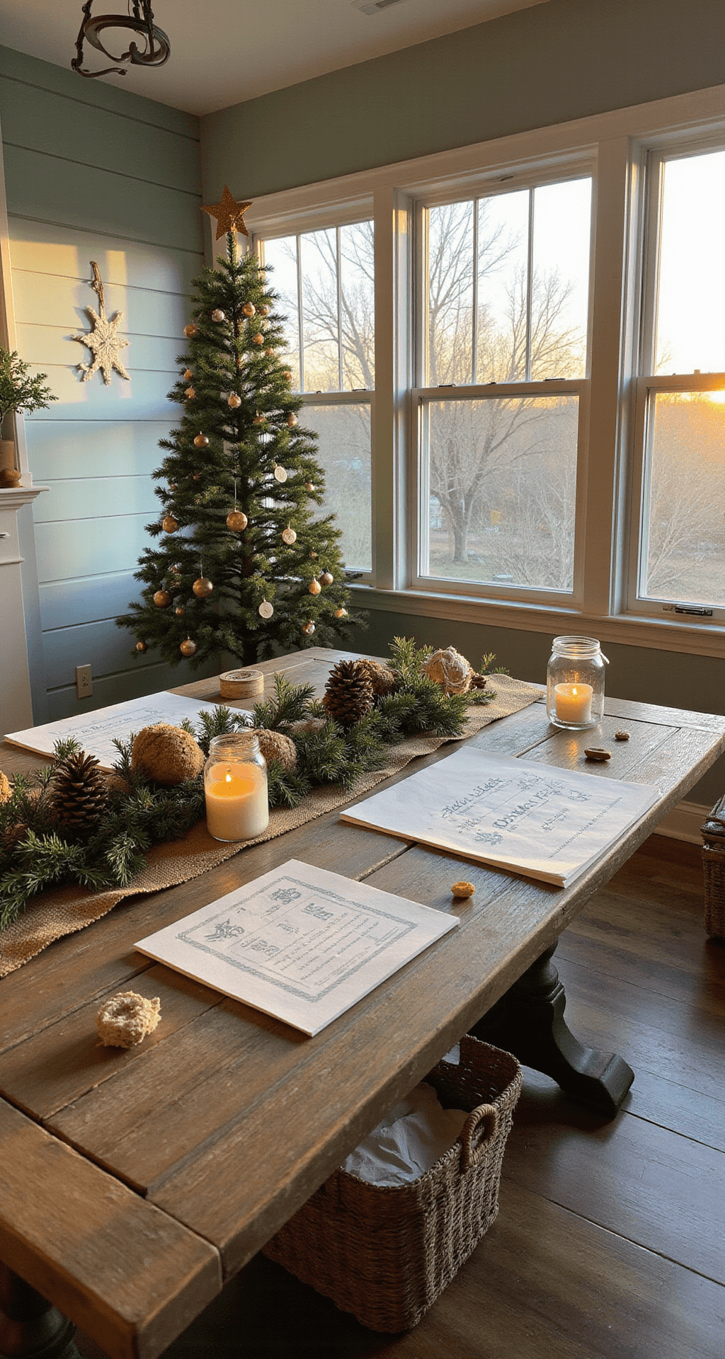 Christmas Tree Template: Your Ultimate Holiday Crafting Guide A cozy rustic farmhouse sunroom bathed in golden hour light, featuring a reclaimed barn wood table with a Christmas tree garland project and supplies, including burlap ribbon, vintage buttons, mason jars with string lights, and dried pine cones, surrounded by soft sage shiplap walls and wicker baskets.