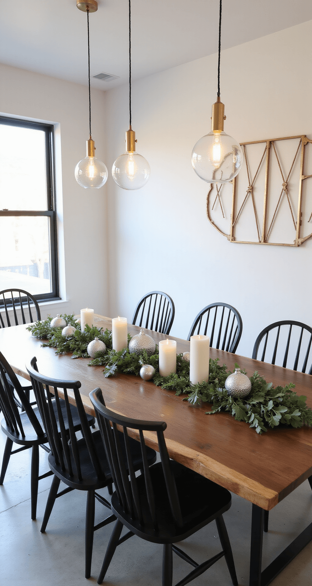 Dollar Tree Christmas Decor: Budget-Friendly Holiday Magic for Every Home A modern minimalist dining room featuring sleek white walls, polished concrete floors, and a live-edge walnut dining table adorned with a Dollar Tree Christmas centerpiece, varied height pillar candles, frosted glass ornaments, and eucalyptus garland, surrounded by six black Windsor chairs, with brass-accented pendant lighting above and a large window letting in natural light, showcasing geometric wall art.