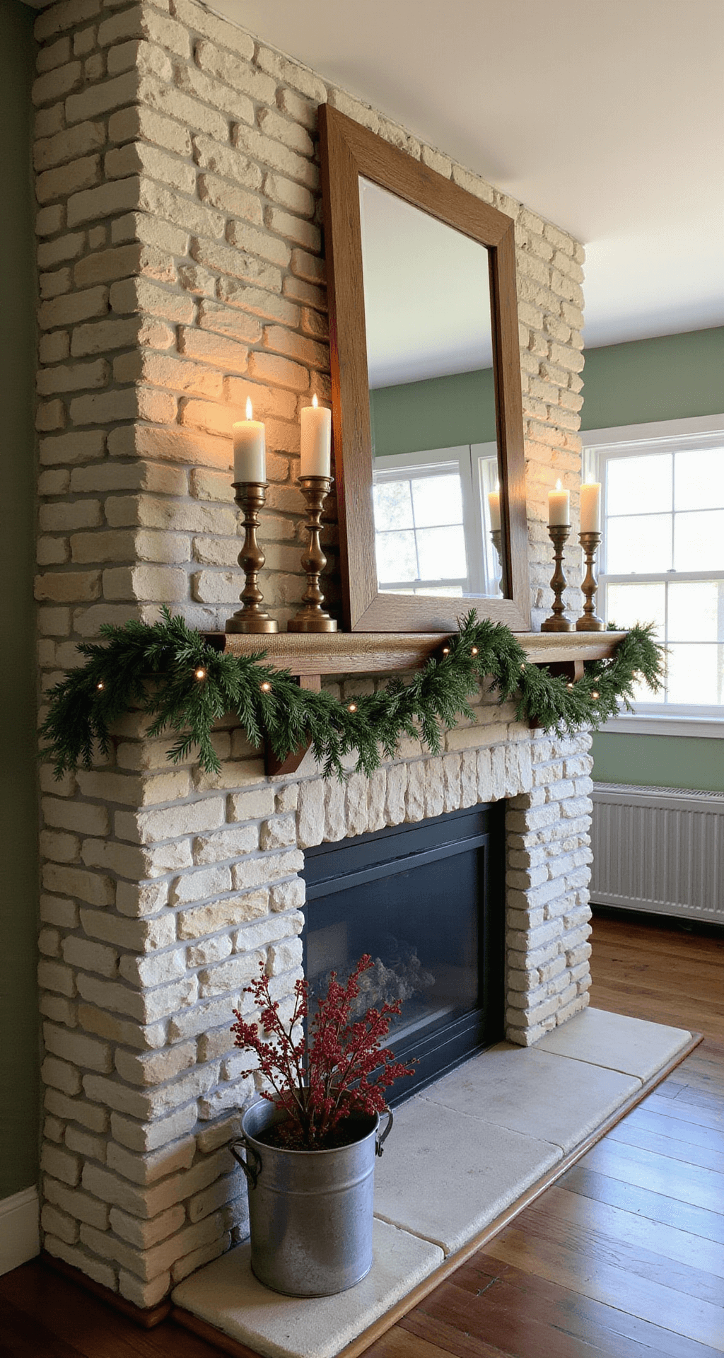 Dollar Tree Christmas Decor: Budget-Friendly Holiday Magic for Every Home Rustic farmhouse kitchen mantelpiece featuring an 8-foot reclaimed wood mantel above a stone fireplace, decorated with a DIY garland of artificial pine and burlap ribbon, vintage brass candlesticks with ivory candles, and galvanized metal buckets filled with red berry branches, set against a sage green shiplap wall and dark hardwood floors, illuminated by warm morning light.