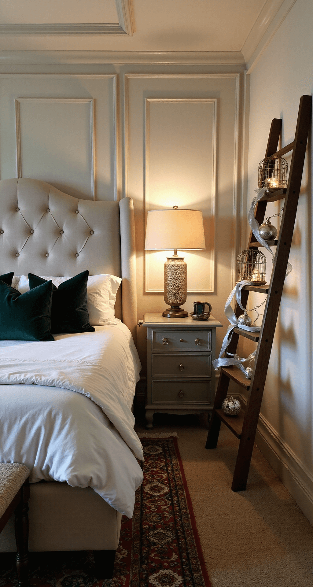 Dollar Tree Christmas Decor: Budget-Friendly Holiday Magic for Every Home Sophisticated master bedroom holiday corner featuring a tomato cage Christmas tree decorated with fairy lights and silver ribbon, alongside a vintage wooden ladder, tufted linen headboard with white bedding and forest green velvet pillows, a Persian area rug in deep jewel tones, and a bedside table with a brass lamp, all softly illuminated by evening light.