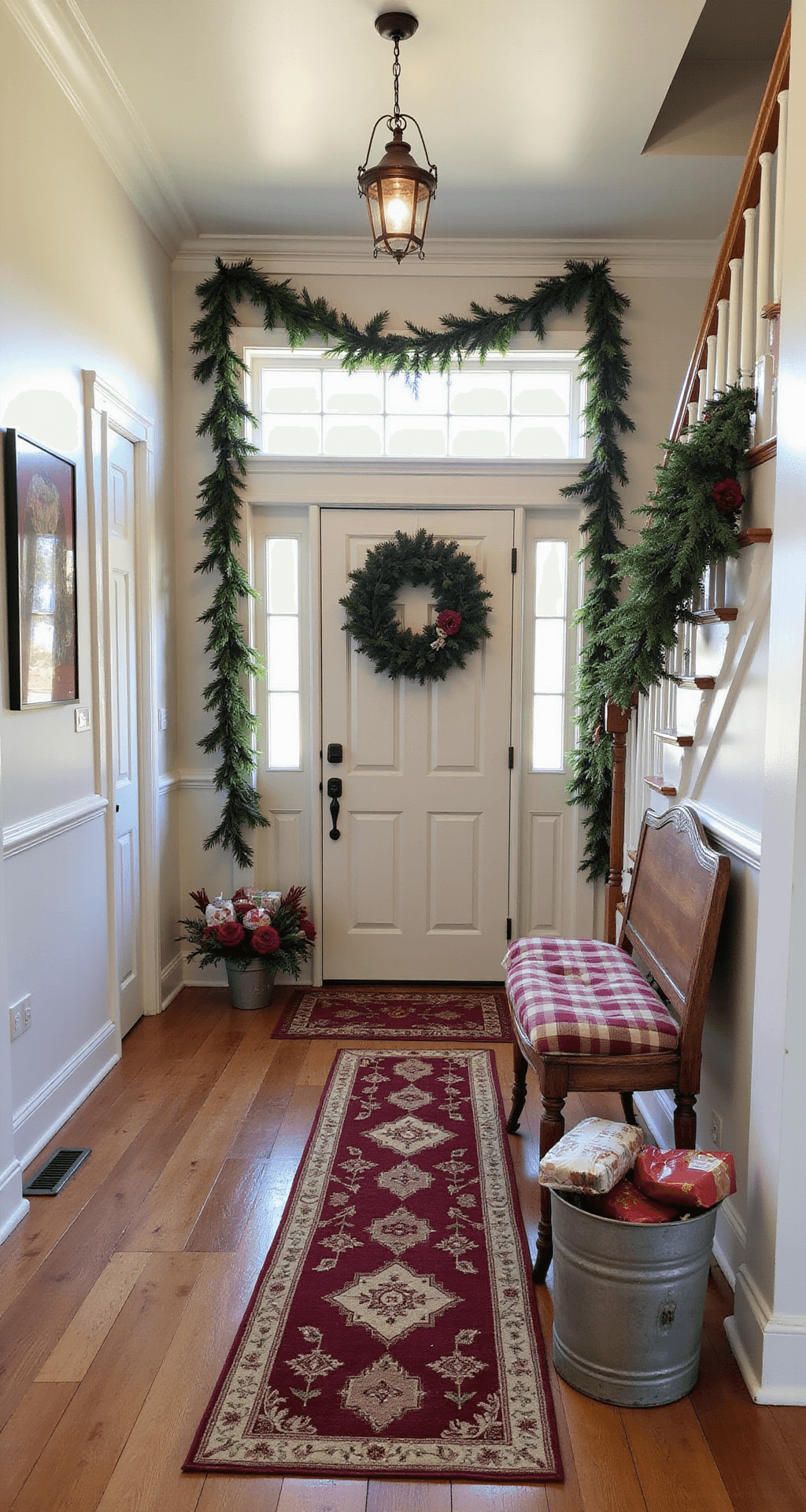 Dollar Tree Christmas Decor: Budget-Friendly Holiday Magic for Every Home Festive entryway with hardwood floors and white wainscoting, featuring a vintage wooden door adorned with an oversized wreath, draped garland on the staircase, an antique bench with a plaid cushion, and a galvanized metal basket filled with wrapped packages, all illuminated by afternoon light.