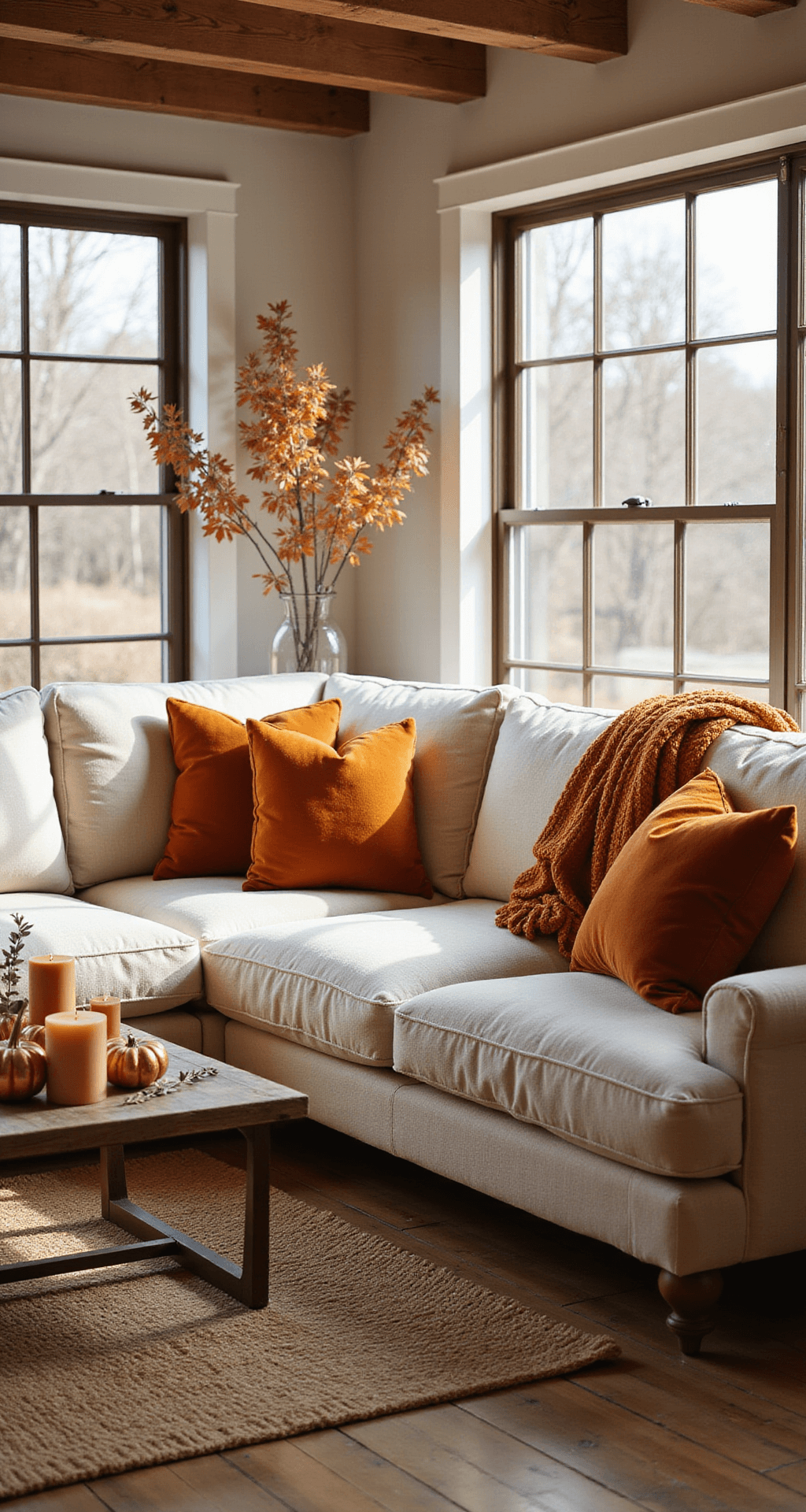 Cozy Fall Decor: Transform Your Home with Autumn's Warmest Touches Photorealistic living room featuring a cream linen oversized sectional sofa adorned with burnt orange velvet pillows and chunky amber knit throws. The rustic coffee table is styled with pillar candles, copper pumpkins, and dried eucalyptus branches. The room is bathed in warm autumn sunlight, highlighting hardwood floors and a jute area rug, with exposed ceiling beams above. The color palette includes burnt orange, amber gold, cream, and burgundy accents, creating a cozy and inviting atmosphere.