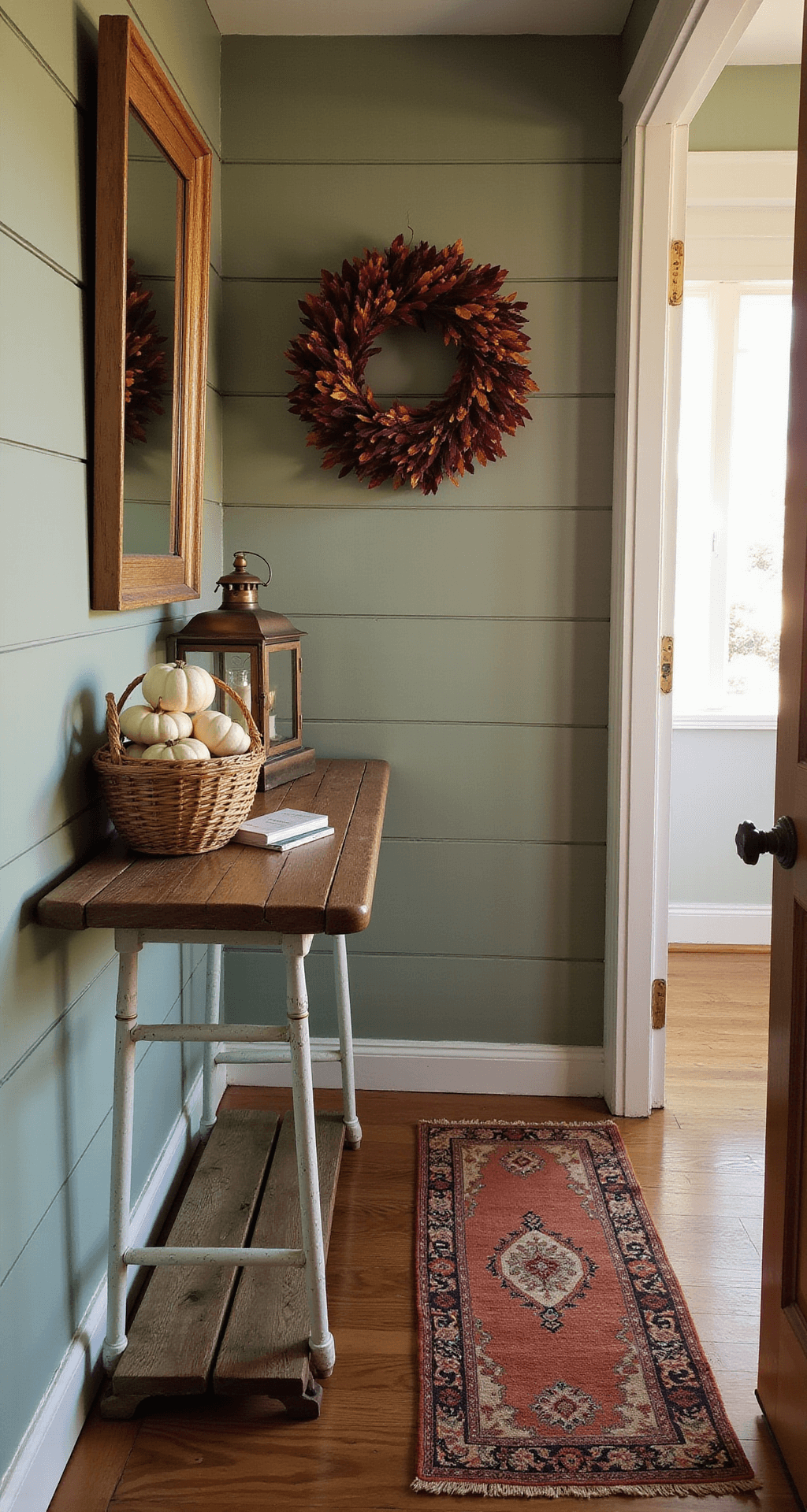 Cozy Fall Decor: Transform Your Home with Autumn's Warmest Touches Cozy entryway vignette featuring sage green shiplap walls, a vintage wooden console table, an oversized autumn wreath, a woven basket with mini white pumpkins, an antique brass lantern, and a warm-toned Persian runner rug, all bathed in golden hour lighting.