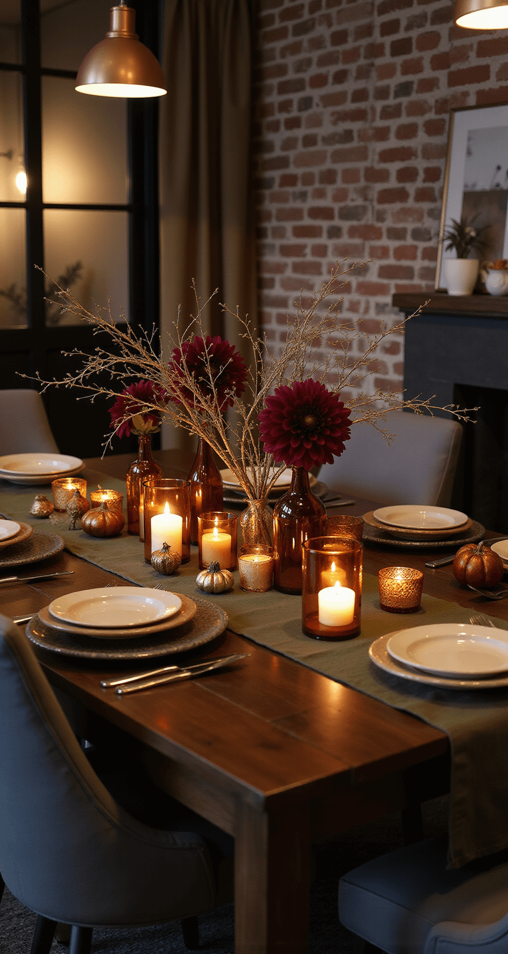Cozy Fall Decor: Transform Your Home with Autumn's Warmest Touches An elegant fall dining room scene featuring a dark walnut table adorned with an olive green linen runner, amber glass votives, gold-sprayed branches, burgundy dahlias, and copper-toned gourds, surrounded by charcoal upholstered chairs against an exposed brick wall, all illuminated by warm tungsten and candlelight for an intimate ambiance.
