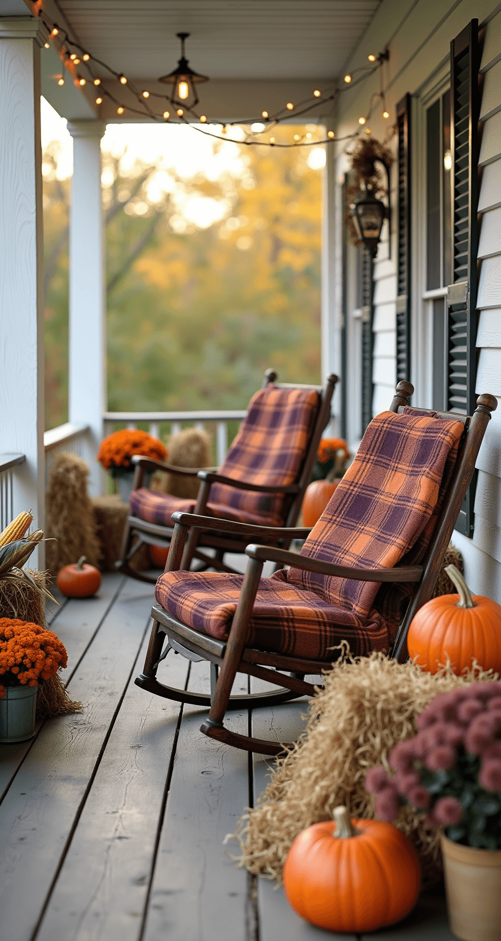 Cozy Fall Decor: Transform Your Home with Autumn's Warmest Touches A rustic autumn porch featuring vintage rocking chairs draped with plaid wool blankets, hay bales as seating, galvanized containers of orange mums, and corn stalks beside porch posts, all beneath soft morning light and string lights, with pumpkins scattered around.