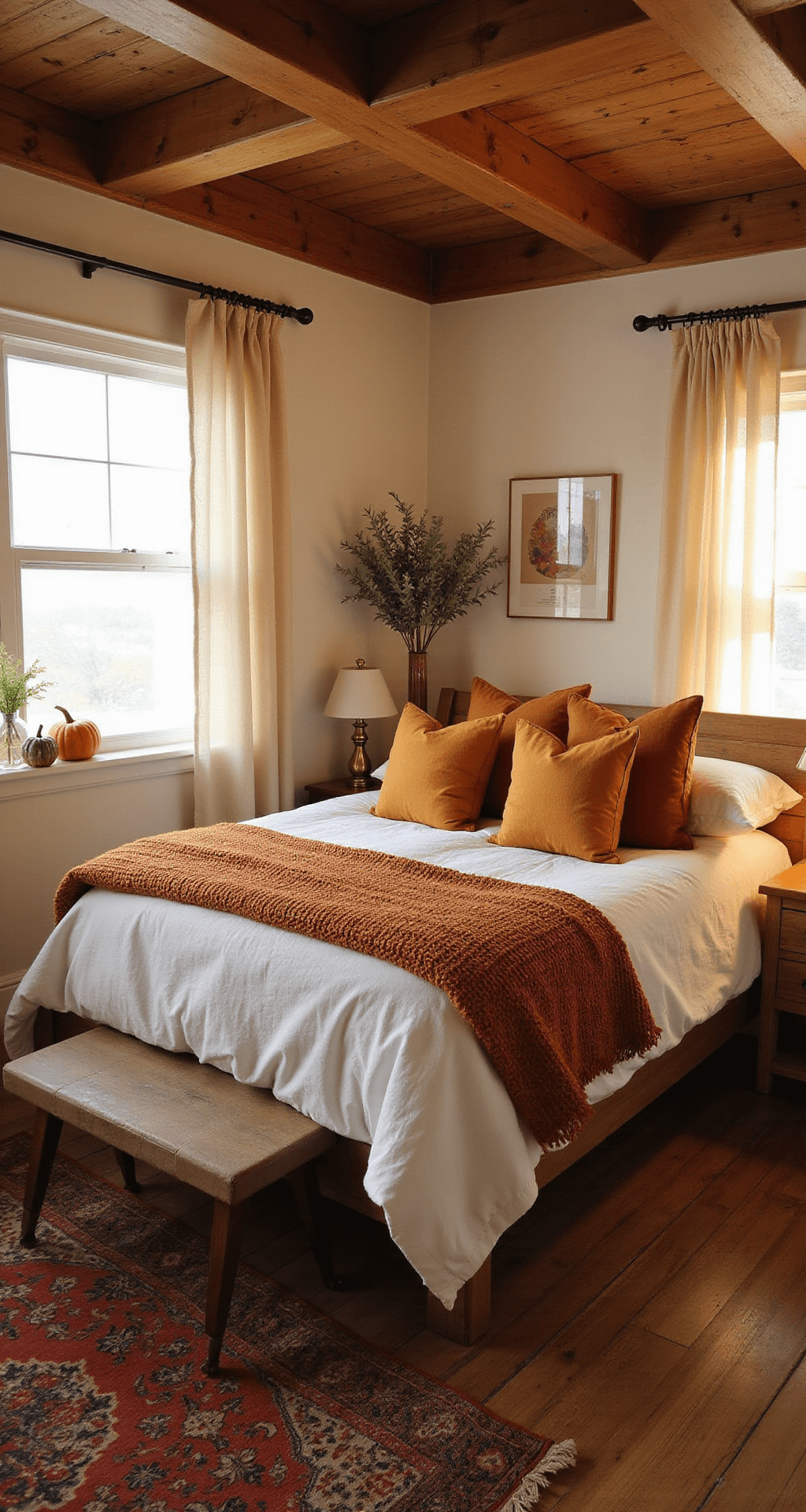Cozy Fall Decor: Transform Your Home with Autumn's Warmest Touches A cozy fall bedroom sanctuary featuring a platform bed with white linen bedding and burnt orange throw pillows, illuminated by warm lamplight. Nightstands adorned with brass lamps, ceramic pumpkins, and eucalyptus in glass vases, alongside a vintage Persian rug in rust tones on hardwood floors. Soft sheer curtains filter golden light, with exposed wooden beams and cream walls enhancing the intimate ambiance.