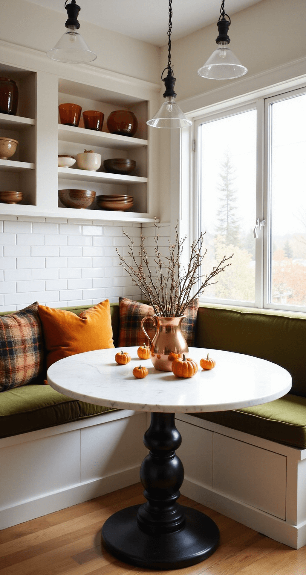 Cozy Fall Decor: Transform Your Home with Autumn's Warmest Touches Cozy kitchen breakfast nook bathed in morning sunlight, featuring a built-in banquette with olive green cushions and burnt orange velvet pillows, a round white marble pedestal table with a copper pitcher and fall branches as centerpiece, scattered mini pumpkins, subway tile backsplash, open shelves with amber glassware and ceramic bowls, natural wood floors, and pendant lights illuminating the warm, inviting atmosphere.