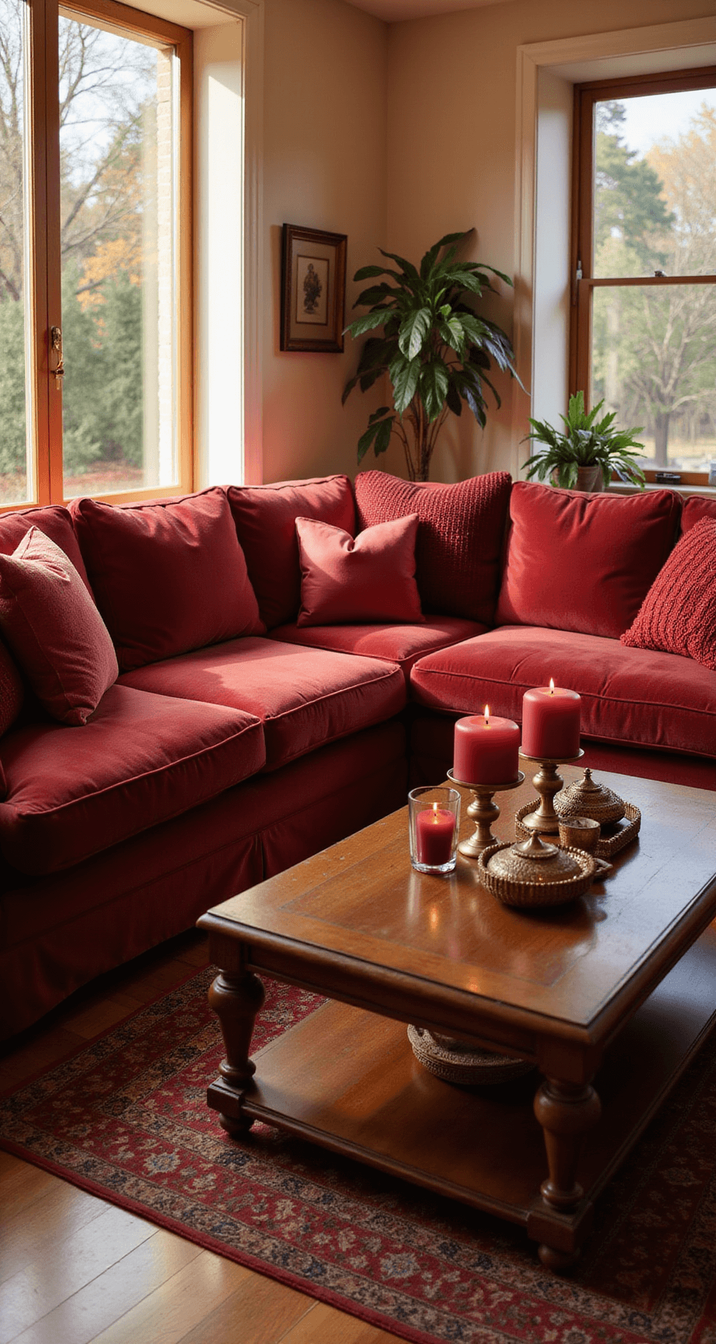 Red Christmas Decor: Transform Your Home into a Festive Wonderland A warm and inviting spacious living room featuring a luxurious red velvet sectional sofa with various textured pillows, a mahogany coffee table adorned with flickering red candles and metallic ornaments, rich hardwood floors, and a deep red Persian rug, all illuminated by golden afternoon light streaming through tall windows.