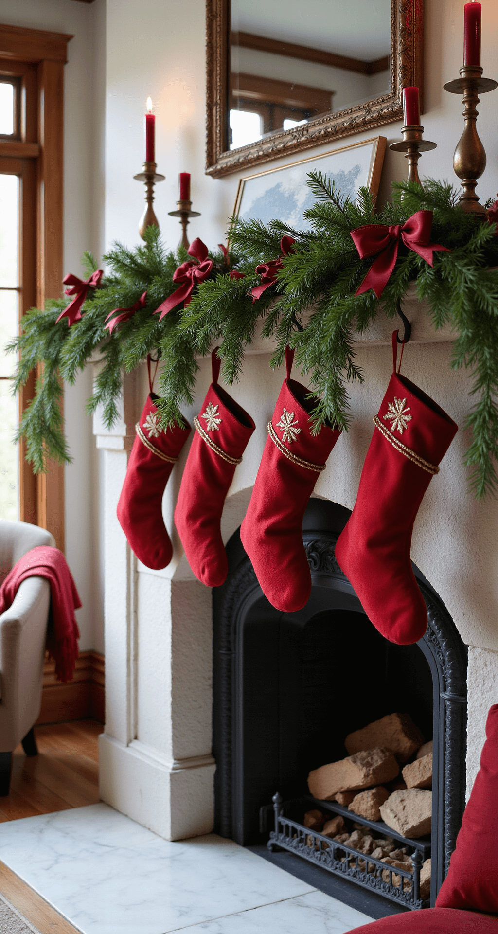 Red Christmas Decor: Transform Your Home into a Festive Wonderland A beautifully decorated stone fireplace mantel for Christmas, featuring plush red velvet stockings with gold embroidery, green pine garland with burgundy ribbon, antique brass candlesticks with red candles, and a cozy armchair with a red throw blanket, all bathed in warm morning light.