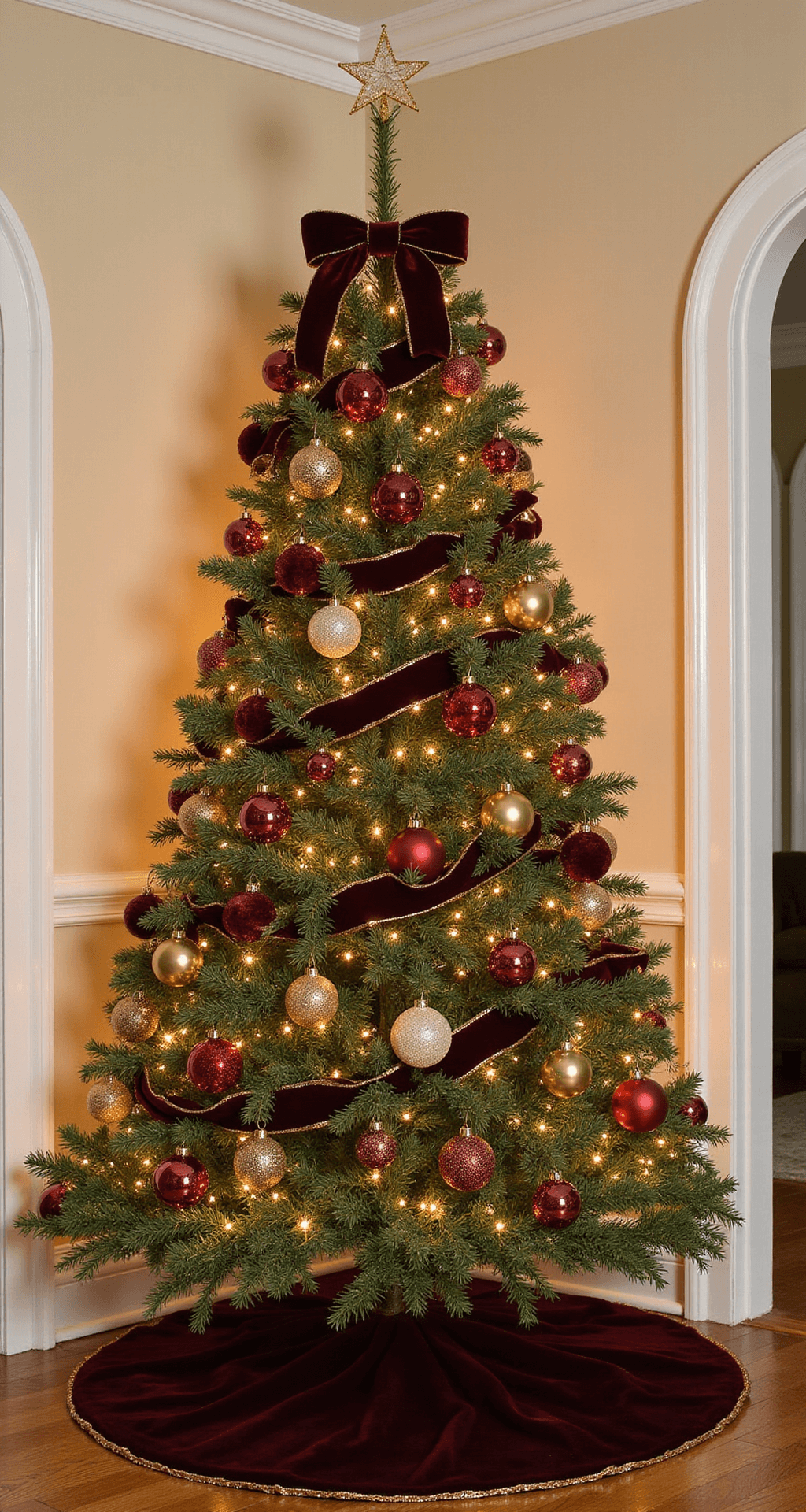 Red Christmas Decor: Transform Your Home into a Festive Wonderland Elegant Christmas tree in a corner with red and gold ornaments, velvet ribbons, and vintage decorations, set against cream walls and oak flooring, featuring a burgundy velvet skirt.